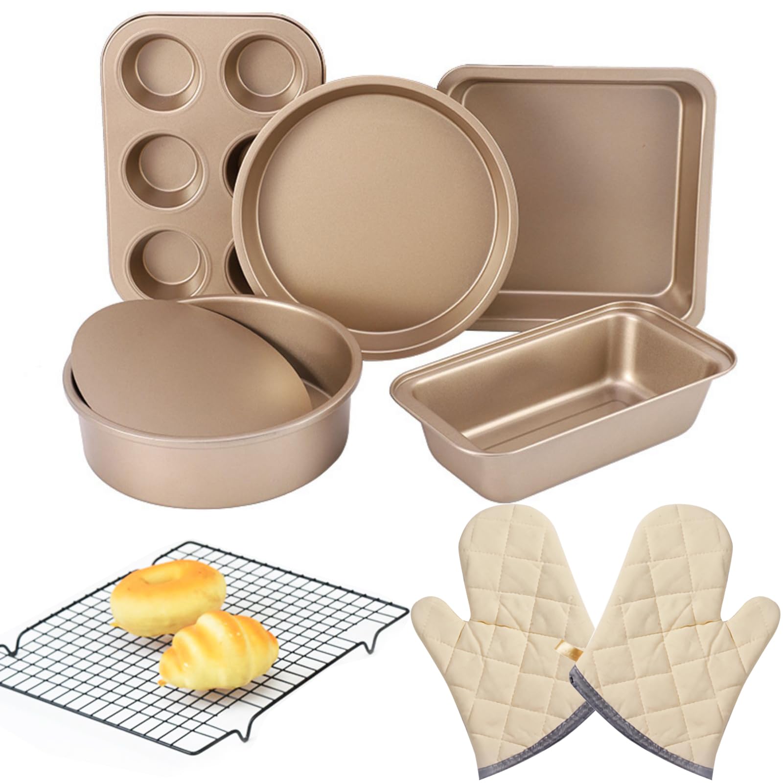 EYSOO Nonstick Bakeware Set 7 Pcs Baking Pans Set- Pizza Tray, Round/Square Pans, Loaf Pan, 6-Cup Muffin Pan Carbon Steel Baking Trays Oven Trays for Bakers Beginners (B-Upgraded Cotton Gloves)