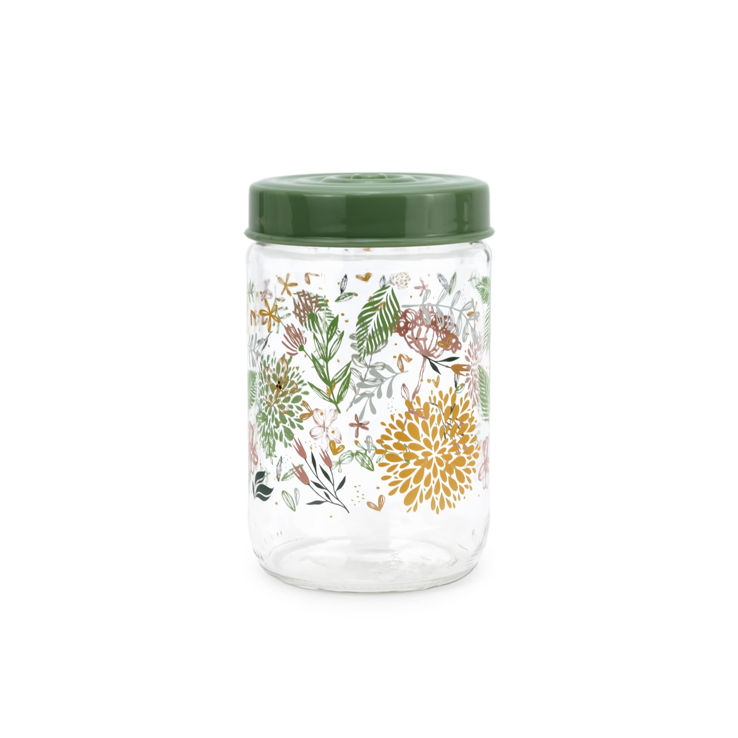 Herevin 660 ml Transparent Glass Spice Jar with Airtight Decorative Green PP Lid – Botanic Design Storage Container for Kitchen – Ideal for Spices, Masalas, Herbs, Tea, Sugar & Condiments