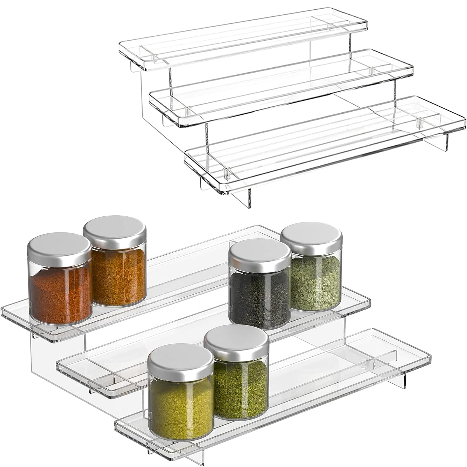 ANTOLE 3 Tiers Spice Rack Organizer,2 Pack Clear Seasoning Organizer,Kitchen Pantry Cabinet Shelf Organizer,Spice Bottle Rack Display Shelf,Step Storage Holder for Kitchen,Cabinet,Countertop (2)