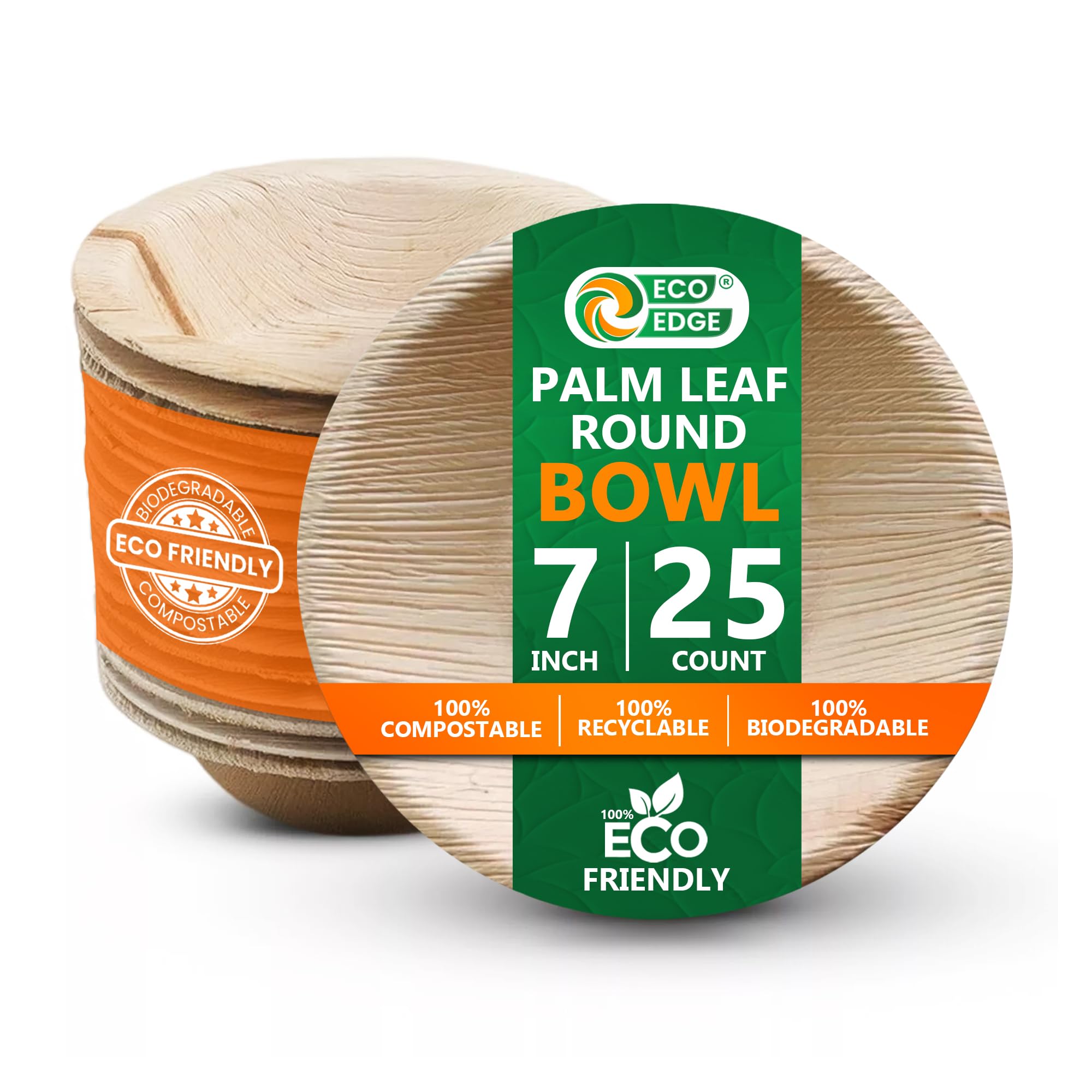 EcoEdge 7 Inch Round Areca Palm Leaf Disposable Bowl (Pack of 25) | BPA Free, Compostable, Plant Based, Microwave Safe, Biodegradable | Luxury Tableware for Any Occasion | 100% Organic