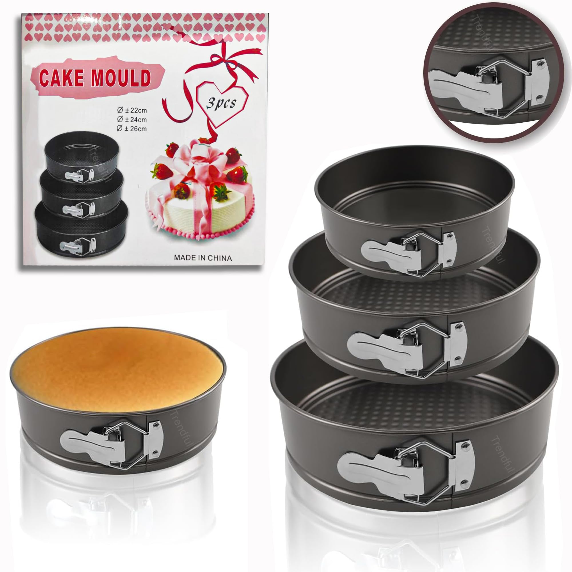 Trendful Springform Cake Pan Set, 3 Piece Non-Stick Leakproof Bakeware (22cm, 24cm, 26cm), Cheesecake, Quiche & Mousse Baking Tins