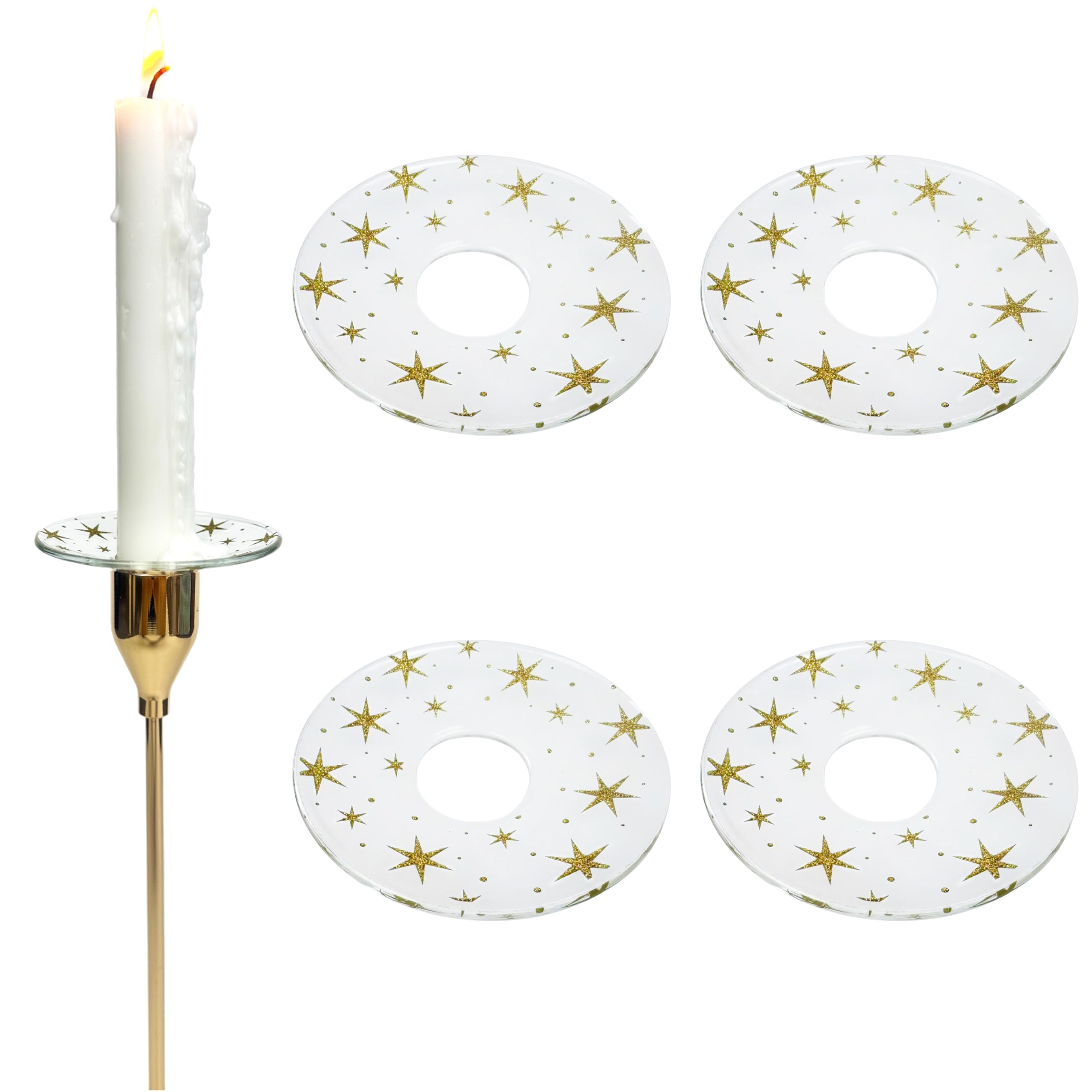 4 Pieces Patterned Glass Bobeches for Candlestick Holder, Gold Glitter Stars Design, Candle Drip Protector Guard, Wax Catcher Ring Accessories (Gold Glitter)