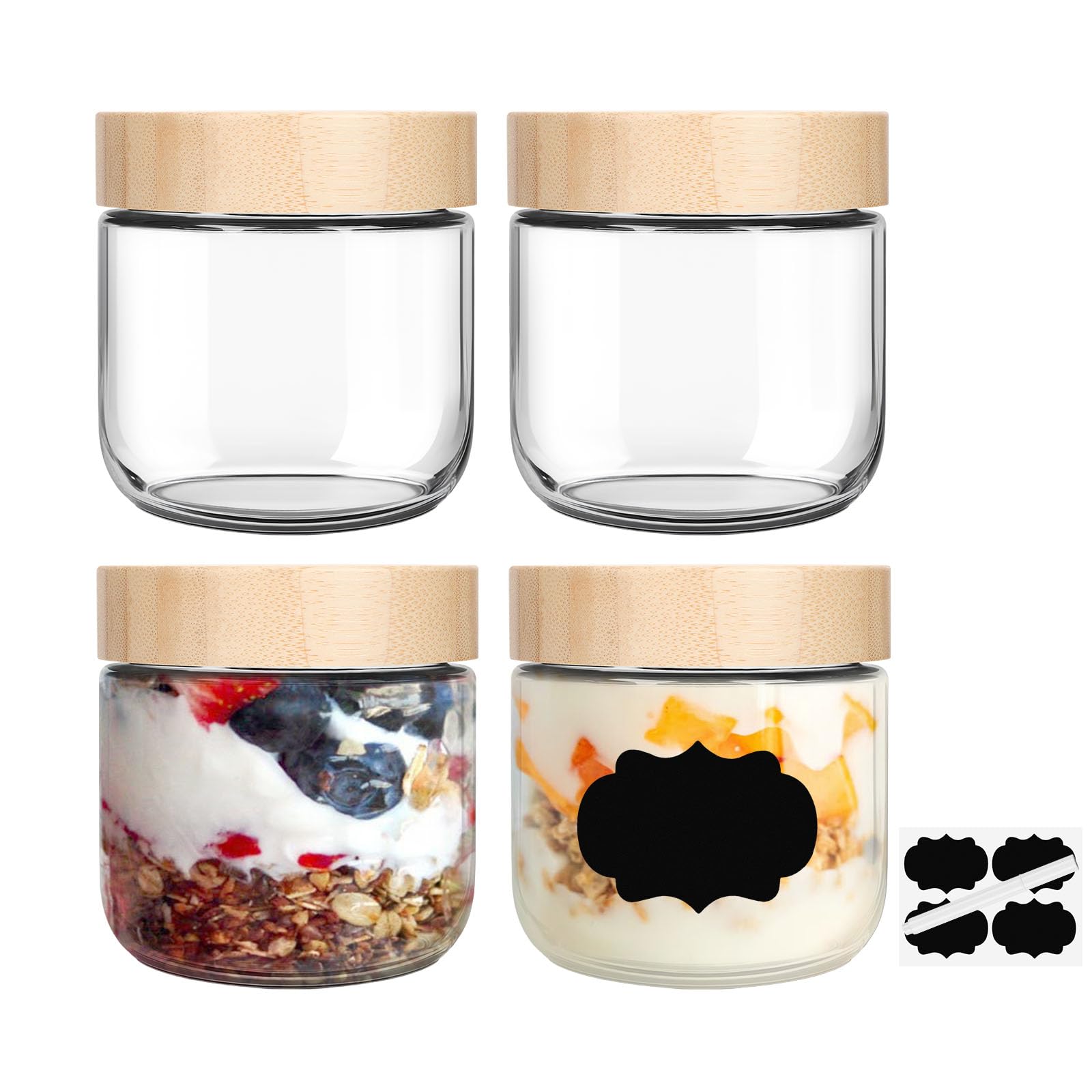 SKYLINK 10oz Glass Overnight Oats Containers with Bamboo Lids, 4 Pack – Wide Mouth Airtight Storage Jars for Meal Prep, Yogurt, Salad, Pudding, Cereal, Spices, and More