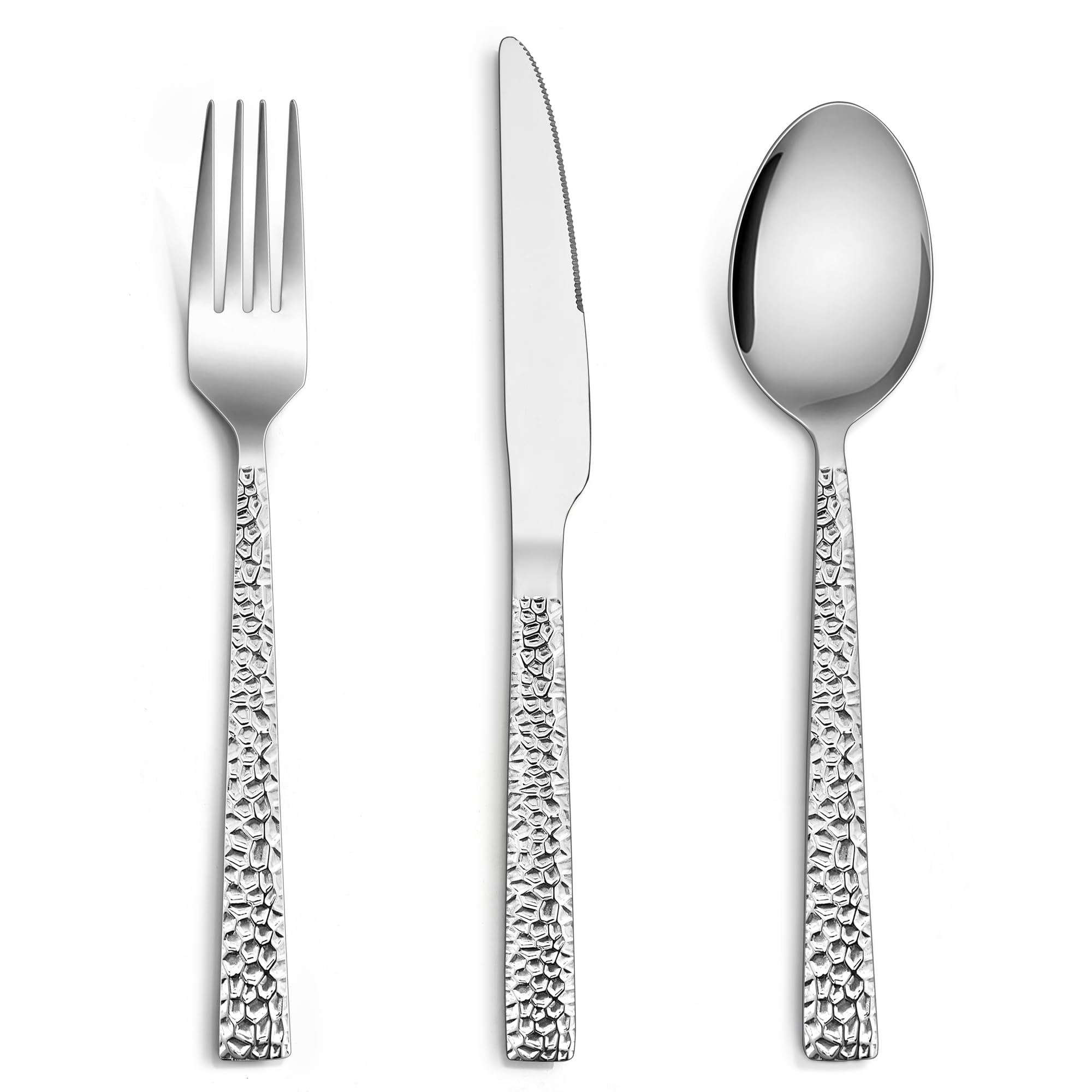 E-far 12-Piece Hammered Forks Spoons and Knives Set, Silverware Set for 4, Stainless Steel Square Flatware Set for Home Kitchen Restaurant, Mirror Polished & Dishwasher Safe