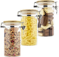 Glass Storage Container clip jar with Wooden Lid, Stackable Clear Decorative Organizer Bottle Canister Pantry Jar with Air Tight Wooden Lid for Food, Sugar, Salt (SET OF 3)(1000 ML)