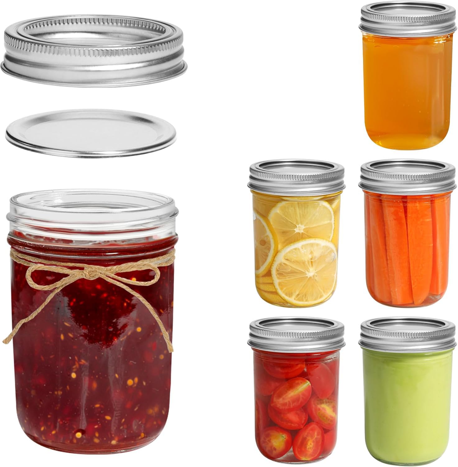 Premify 8 oz 6 Pack Mason Jars With Lids And Labels- Wide Mouth Glass Canning Jars, Airtight Storage Jars For Overnight Oats, Salads, Sourdough Starter, And More-Includes Measurement Marks And Bands