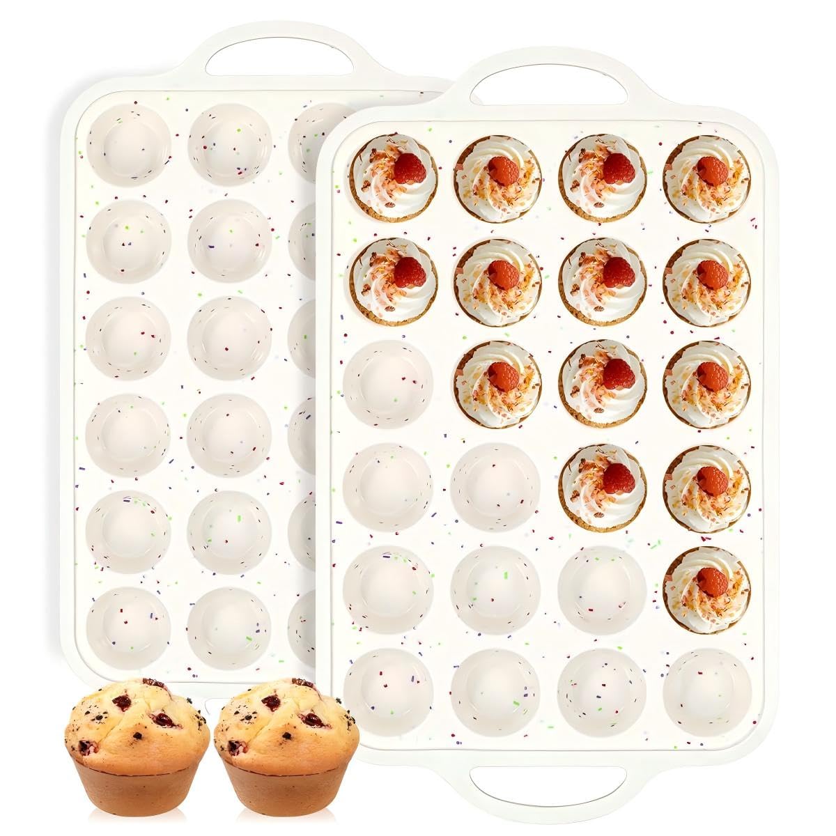 Silicone Mini Muffin Pan, 24-Cup Nonstick Flexible Bakeware Mold Set with Handles for Easy Lifting, Oven Safe Egg Bite & Cupcake Molds, 2 Pack BPA-Free Bakeware for Baking & Parties