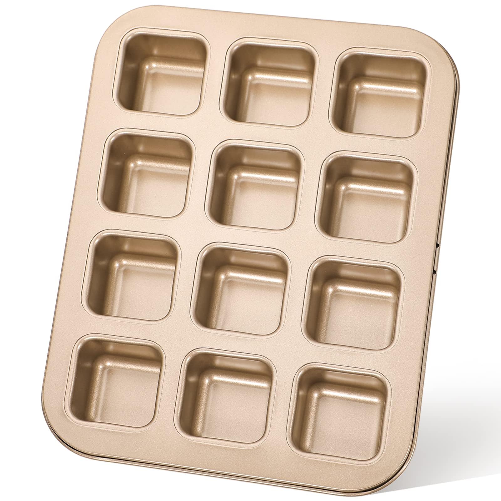 KASTWAVE Brownie Cake Pan, 12-Cavity Non-Stick Square Muffin Pan 1.6 Inch Deep Brownie Mold Small Cake Pan Bakeware for Oven Baking, Champagne Gold