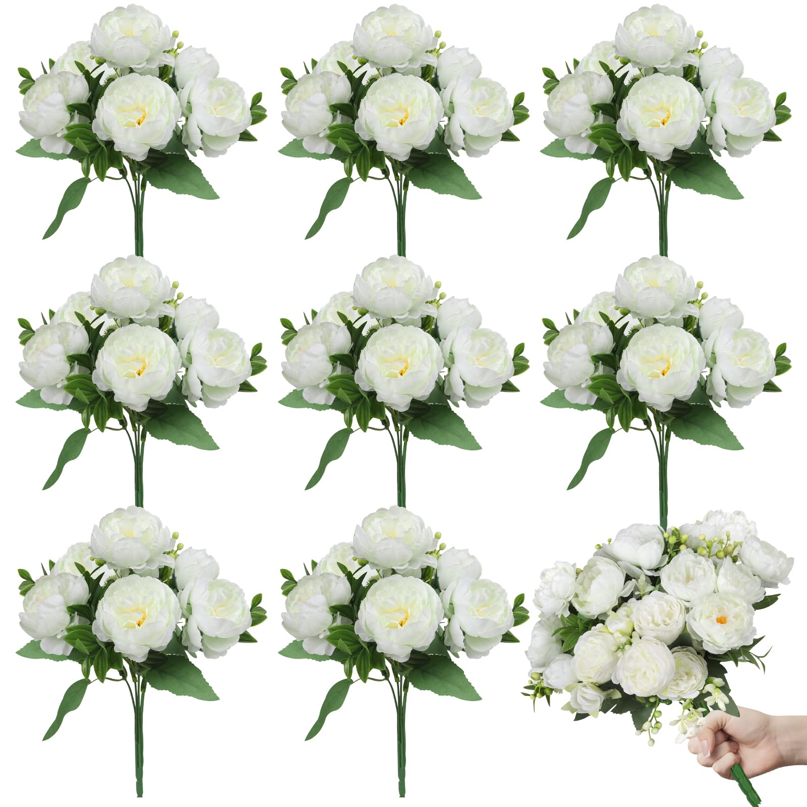 8 Bundles Artificial Peonies Silk Flowers White Faux Peony Bouquet Florals Arrangements Decor for Farmhouse Home Boho Bridal Wedding Table Centerpiece Decoration (White)