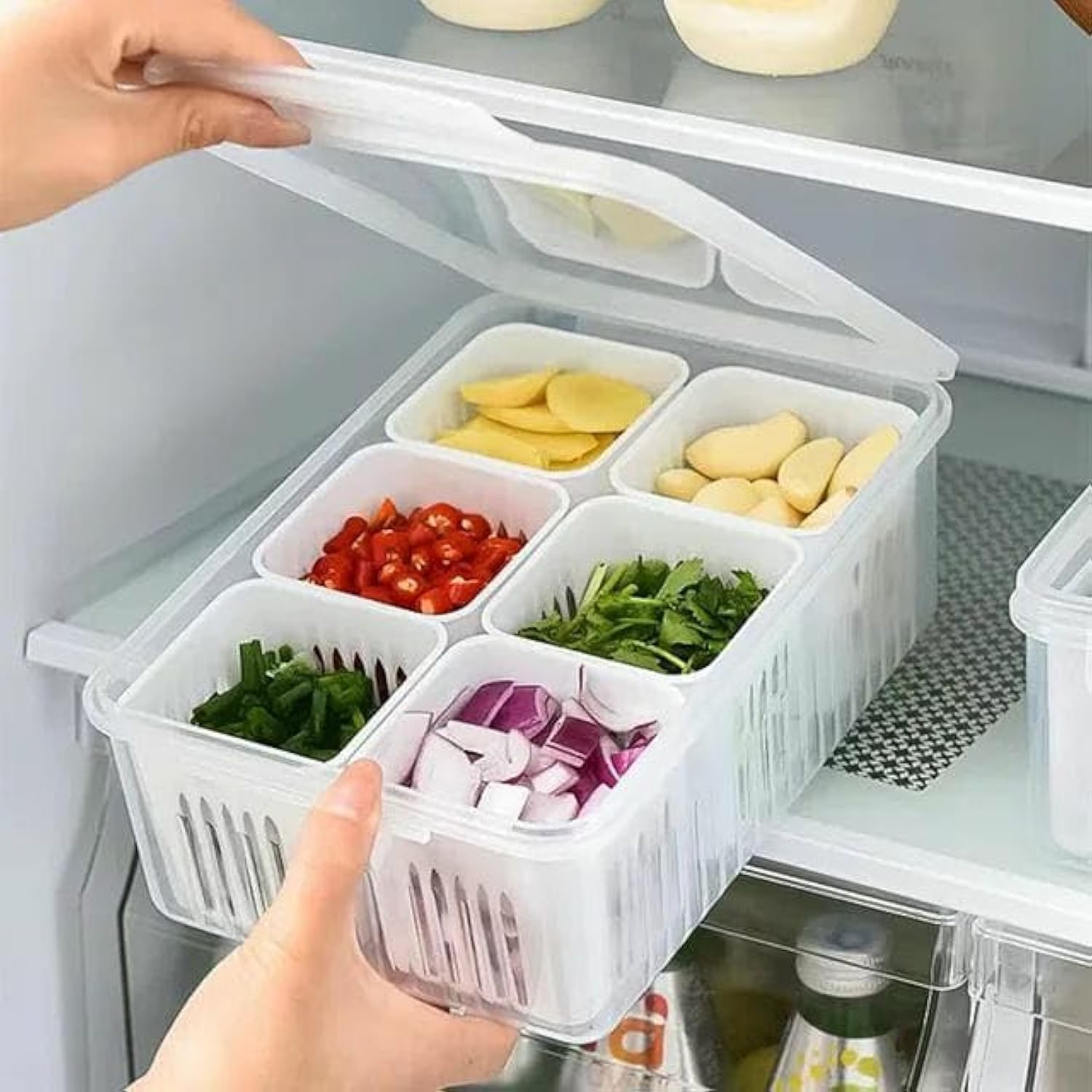 KITCH&KEY,Food Storage Box With Lid and 6 Compartments, Fridge storage &container, Food Storage Containers, Fridge Organizer, BPA free plastic storage box, Air tight meal prep Storage container