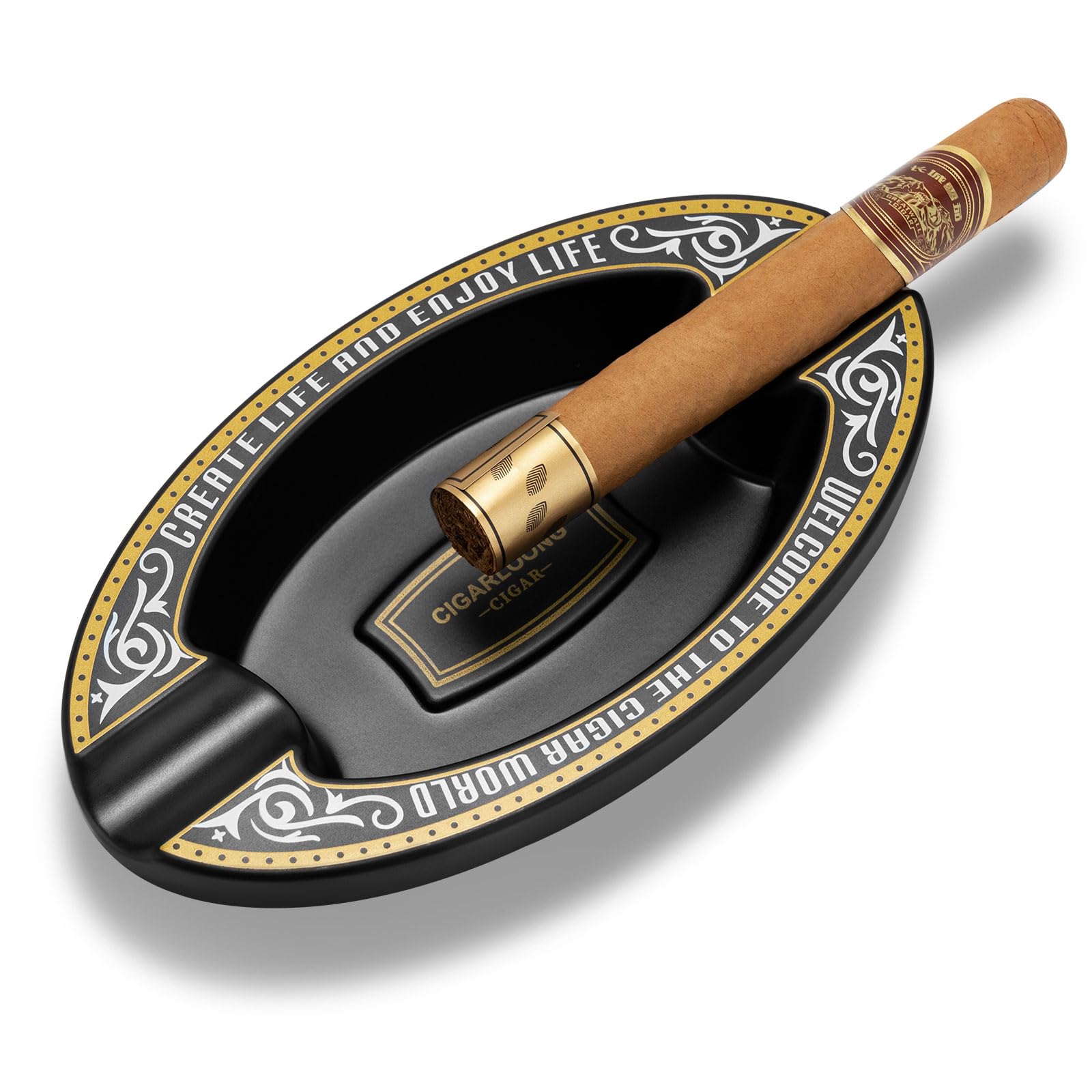 CIGARLOONG Cigar Ashtray Holds 2 Cigars Resin Desktop Cigar Rest Holder Classic Ash Tray Cigars Slots Gifts for Men,Black
