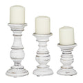Deco 79 Mango Wood Turned Style Pillar Candle Holder with Distressed Pinkish Hue Finish, Set of 3 10", 8", 6”H, White