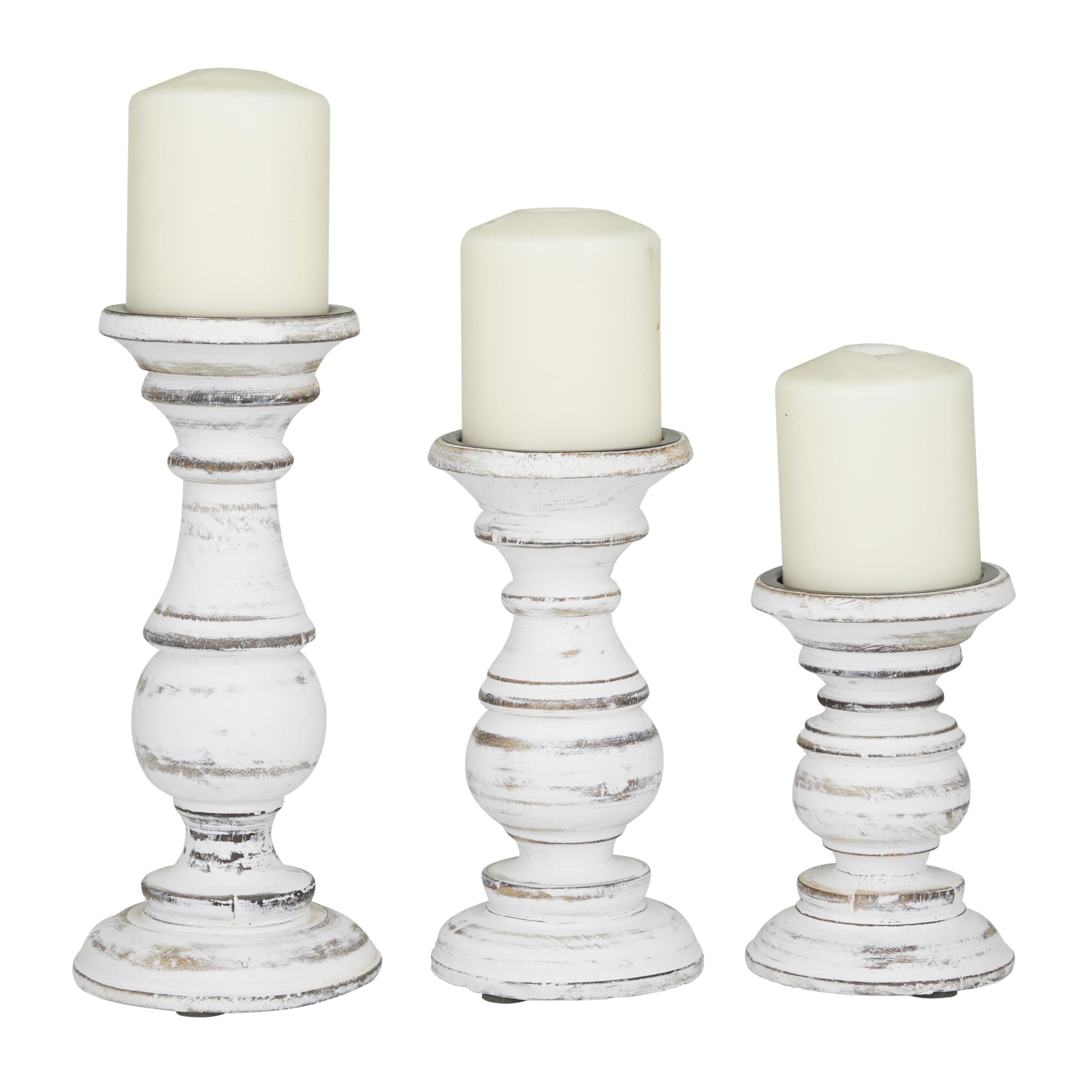 Deco 79 Mango Wood Turned Style Pillar Candle Holder with Distressed Pinkish Hue Finish, Set of 3 10", 8", 6”H, White