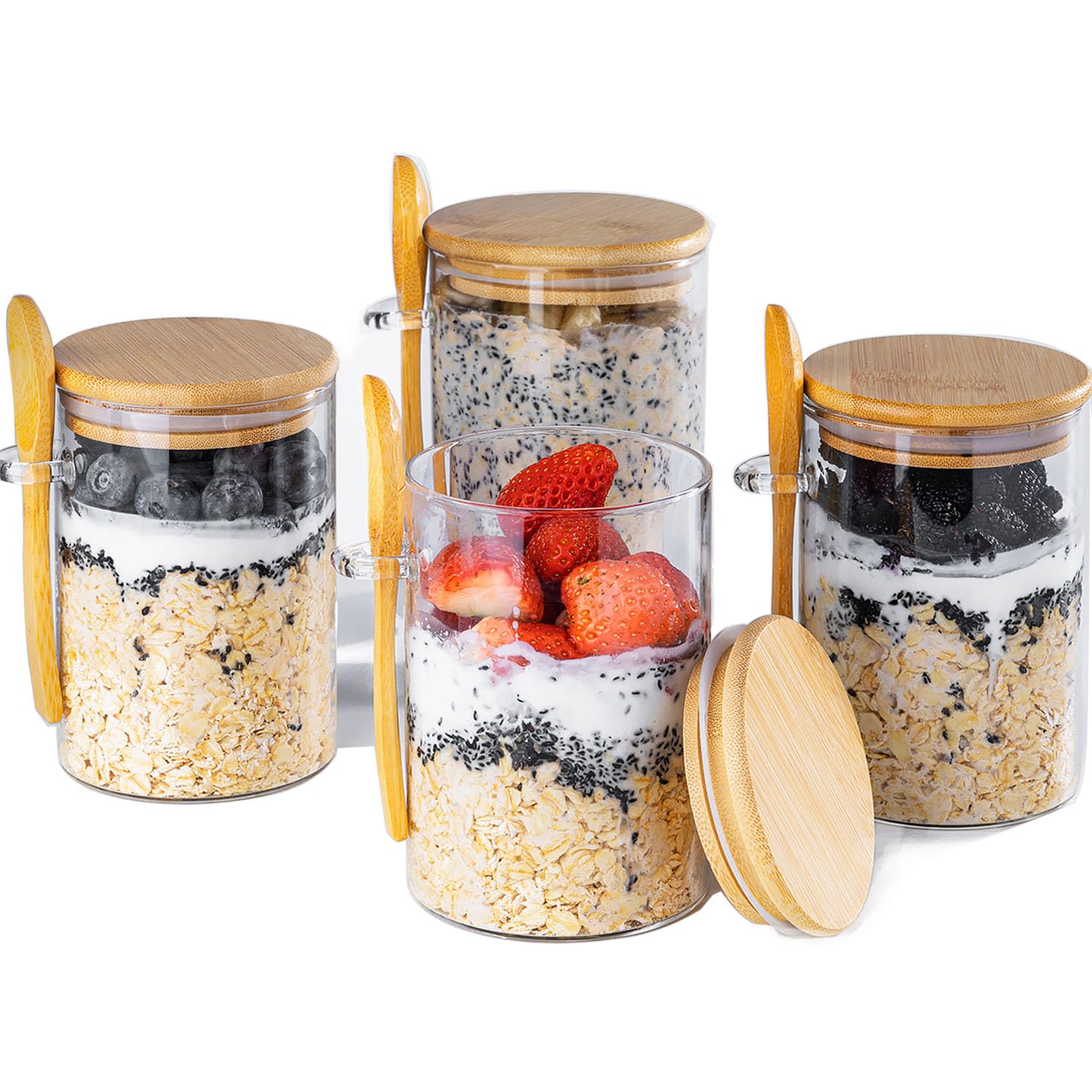 Overnight Oats Containers with Lids,16oz Overnight Oats Jars,4Pack Oatmeal Cups,Meal Prep Containers,Glass Meal Prep Containers with Lids,Glass Jar with Lid for Chia Pudding Yogurt Salad Cereal