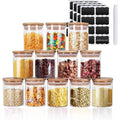 8.5 OZ Set of 12 Kitchen Glass Storage Jar with Bamboo Lids, 250ML Airtight Glass Food Containers with Labels, Suit for Sugar, Salt, Coffee, Tea, Nuts, Spice and Other Dry Food Storage, Stackable