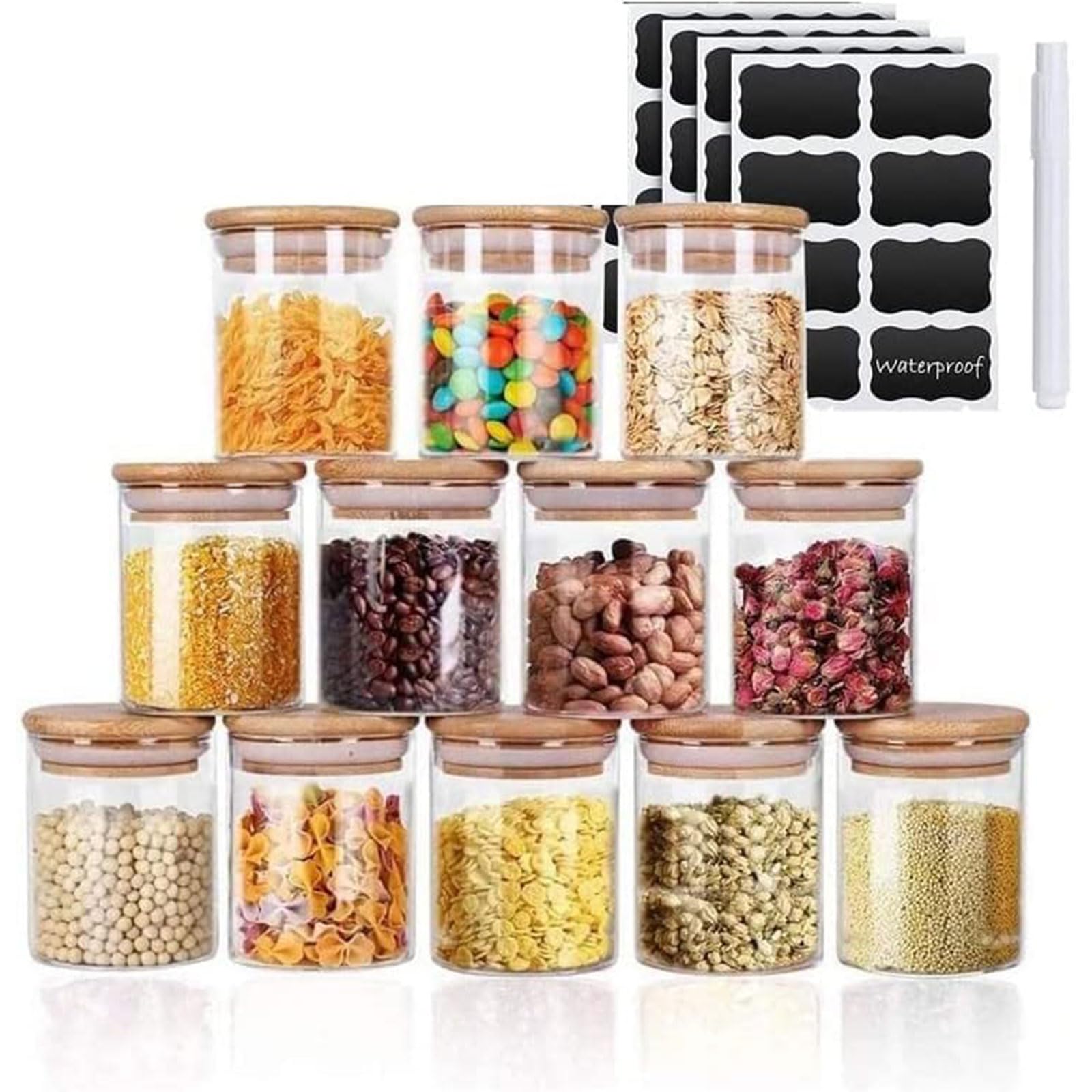8.5 OZ Set of 12 Kitchen Glass Storage Jar with Bamboo Lids, 250ML Airtight Glass Food Containers with Labels, Suit for Sugar, Salt, Coffee, Tea, Nuts, Spice and Other Dry Food Storage, Stackable