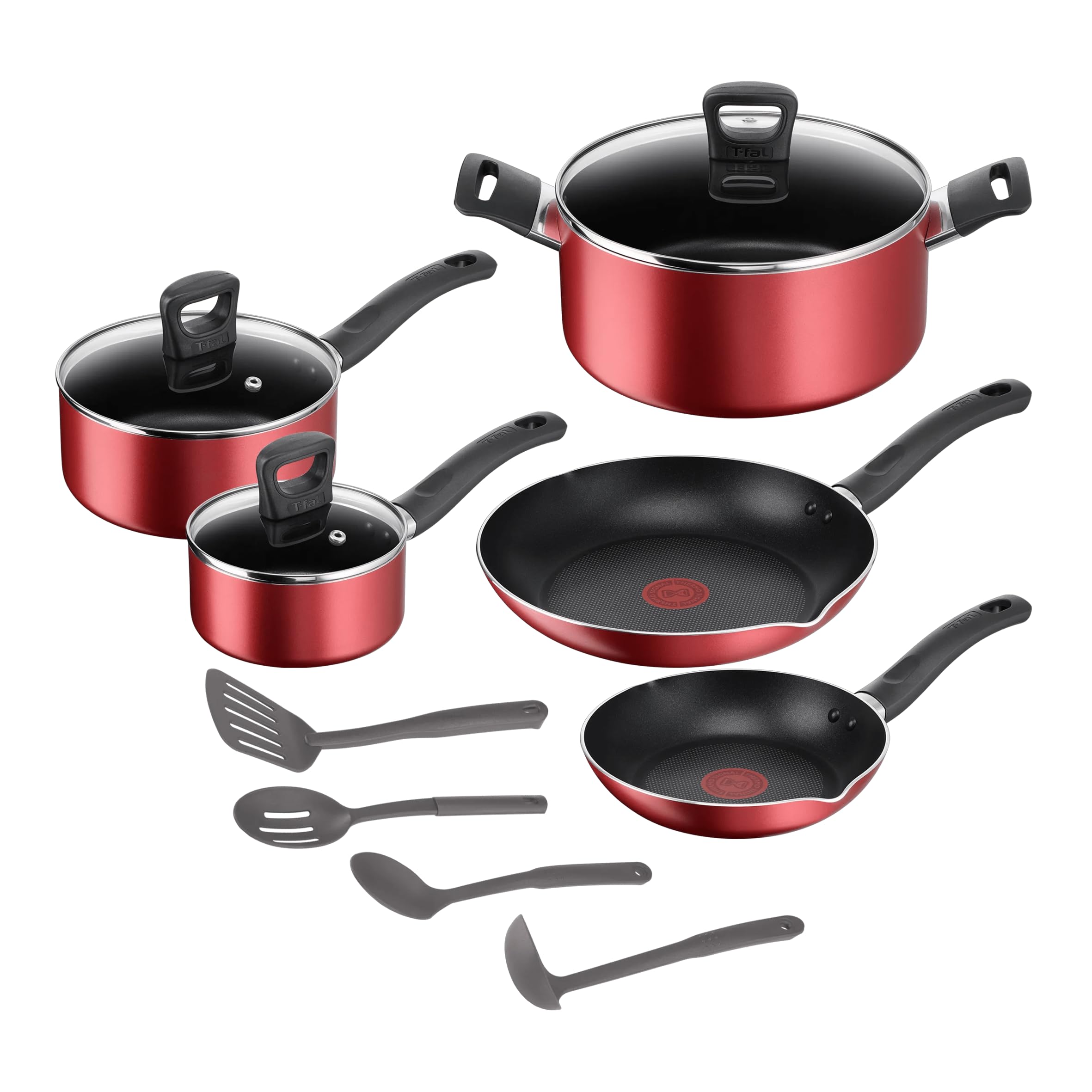 T-FAL Simply Cook Cookware 12-Piece Set, Red Surprise Mix