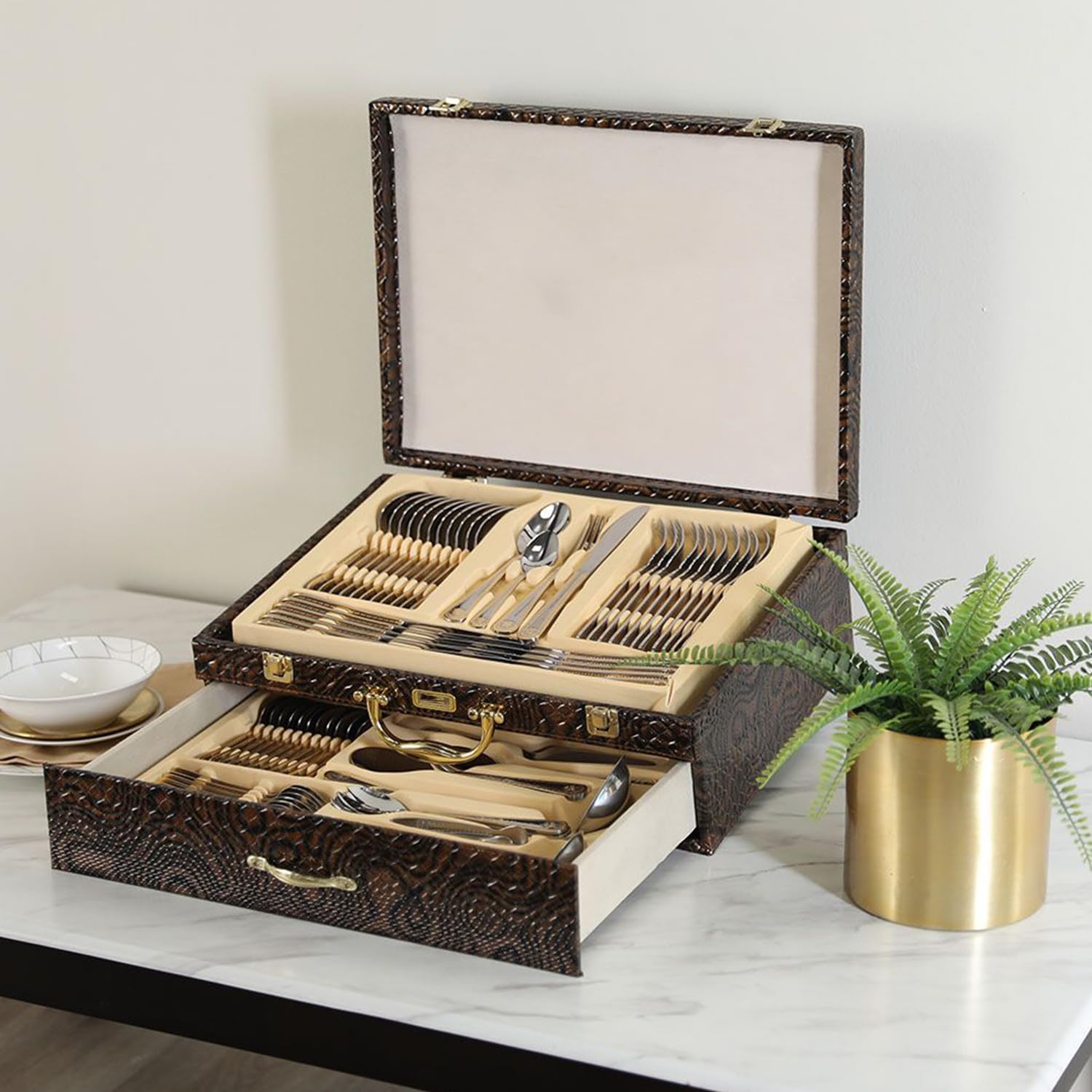 Cutlery Set With Leather Case - 18/10 Luxury Stainless Steel | 84pcs Cutlery Set | Sliverware Flatware Serving Set | Pu Leather Box | Flatware Set For Wedding Gifts