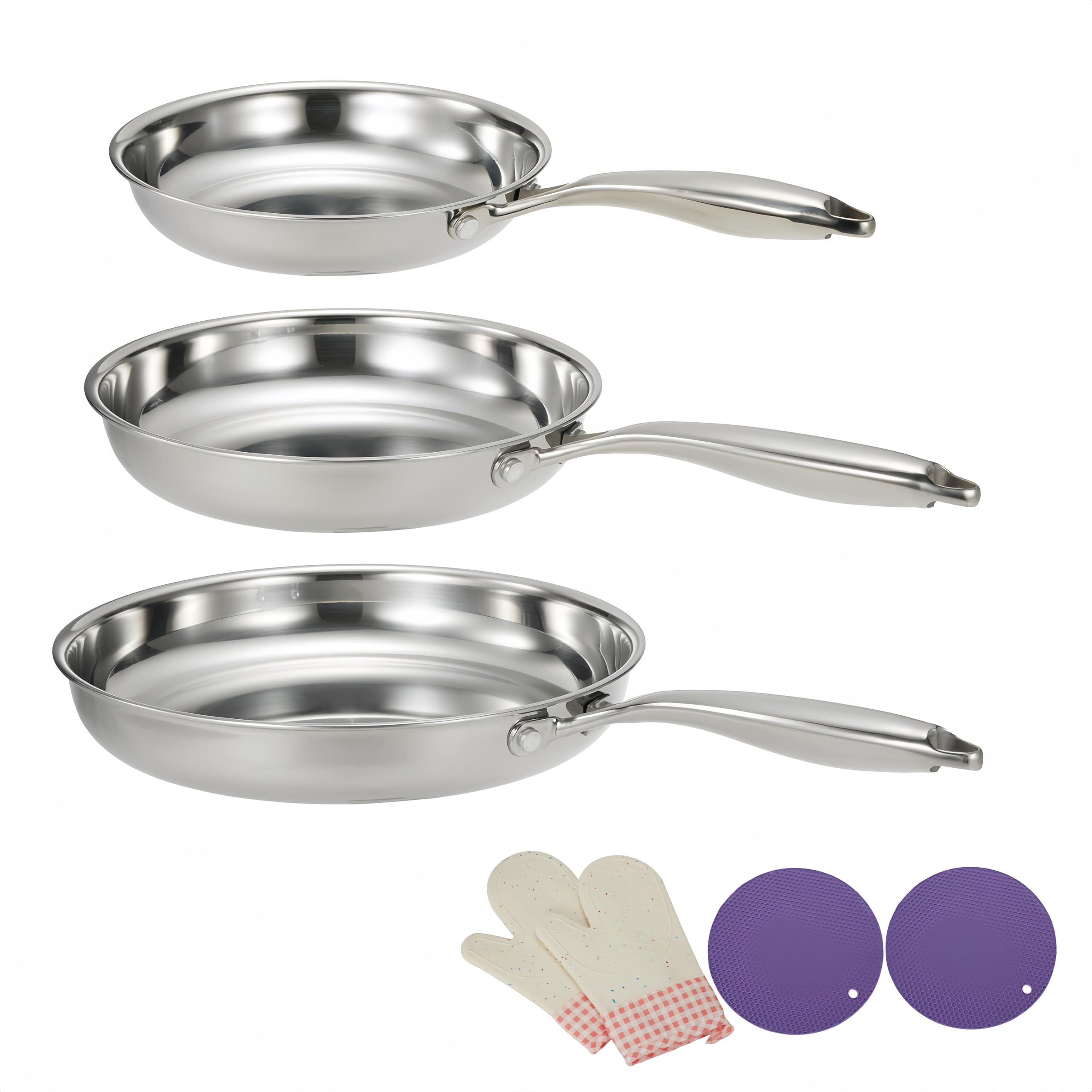 Tri-ply Stainless Steel Frying Pan Set, 20/24/28cm, with Oven Mitts and Trivets, Induction Compatible