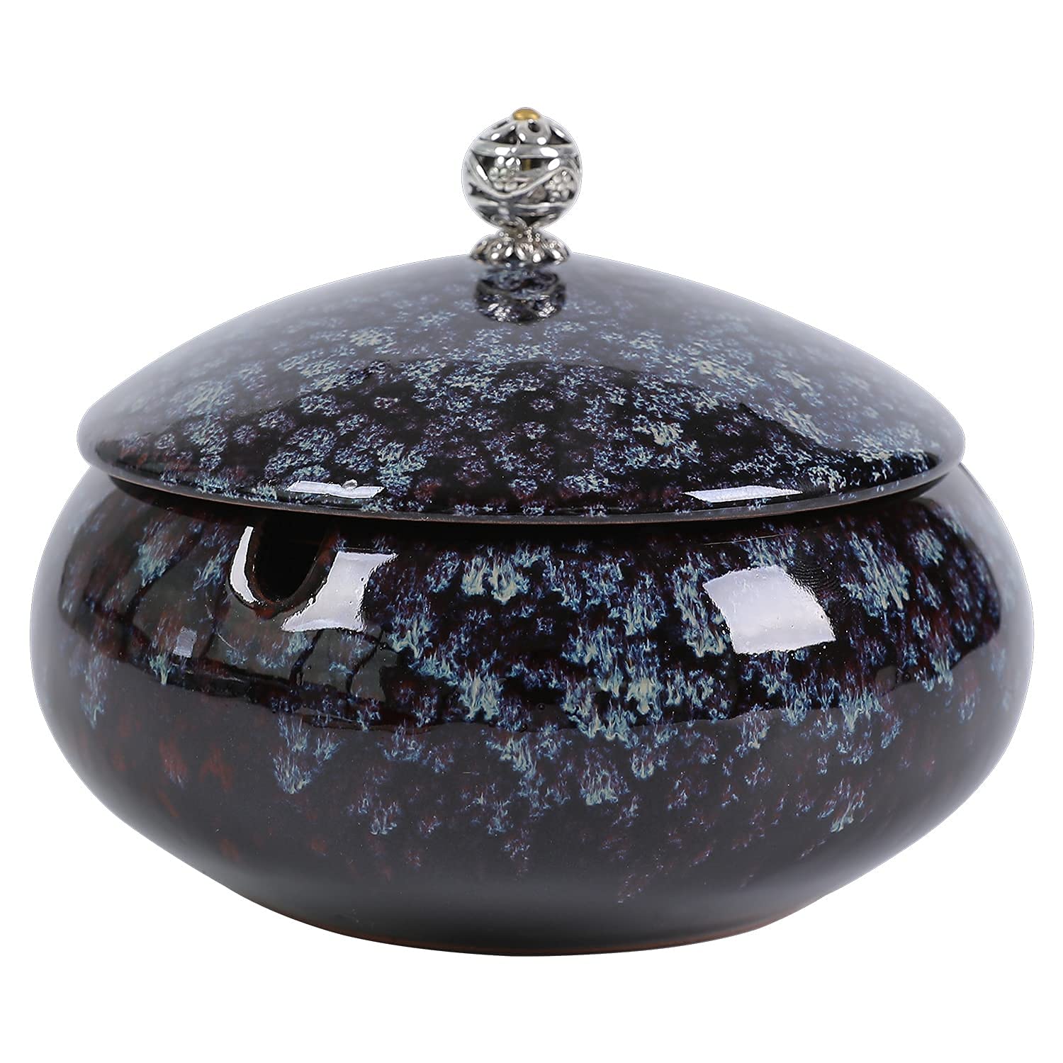Ceramic Ashtrays with Lid for Cigarette, Windproof Ashtray for Home, Outdoors, Garden, Balcony, Patio (Starry Black)