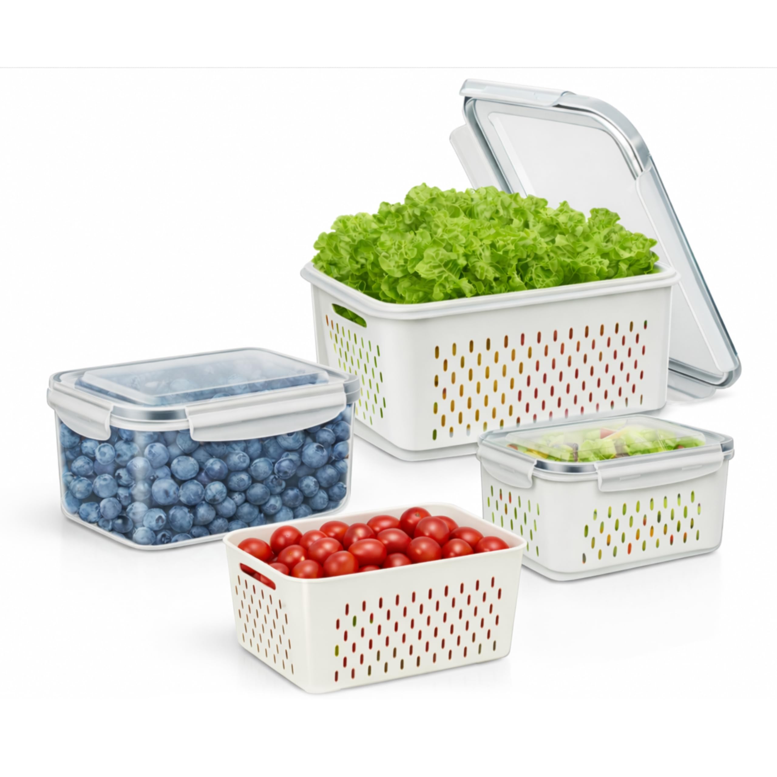 DeMooster™ 4 PCS Fruit Storage Containers with Removable Colander – Airtight, Leakproof Produce Saver, Dishwasher Safe, Keeps Fruits, Vegetables & Berries Fresh Longer