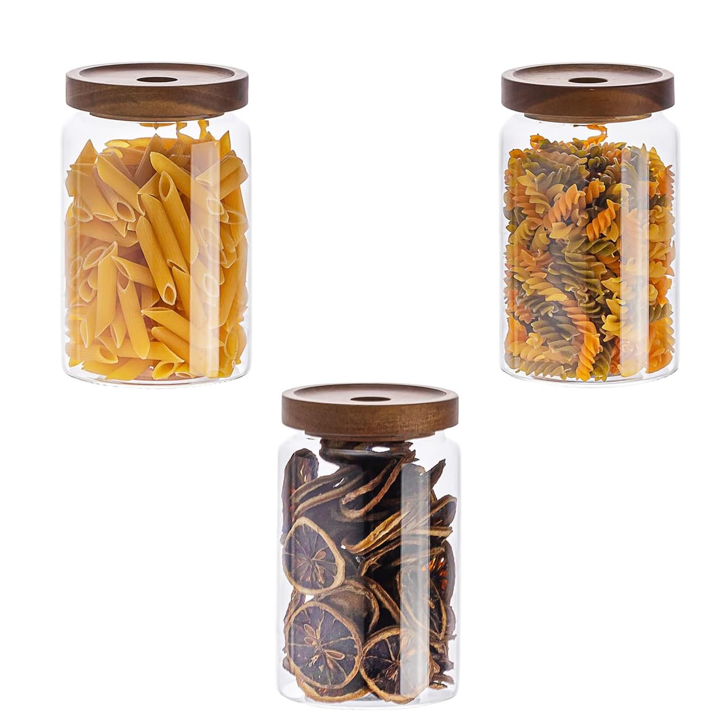 Jorunb Glass Storage Jars Set of 3 Airtight Food Storage Containers with Bamboo lids, Clear Glass Canisters for Pantry, kitchen, Flour, Sugar, Tea, Coffee, Snack, Spice and Herbs 3pc_800ml