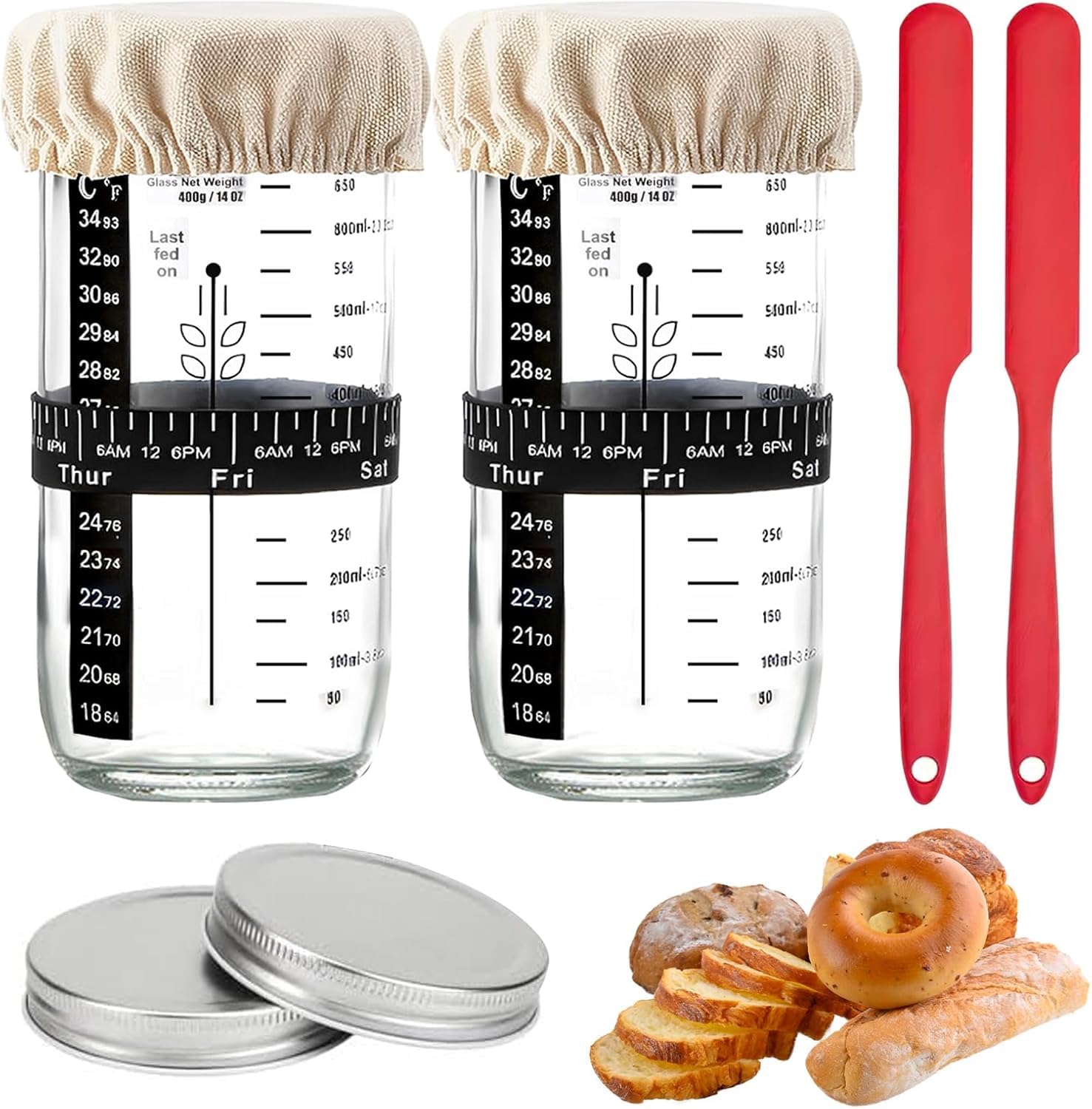 Sourdough Starter Jar, 24oz 2pcs Sourdough Bread Baking Supplies Fermentation Kit, Glass Jars Bread Making Accessories with Date Marked Feeding Band, Thermometer, Cloth Cover & Metal Lid