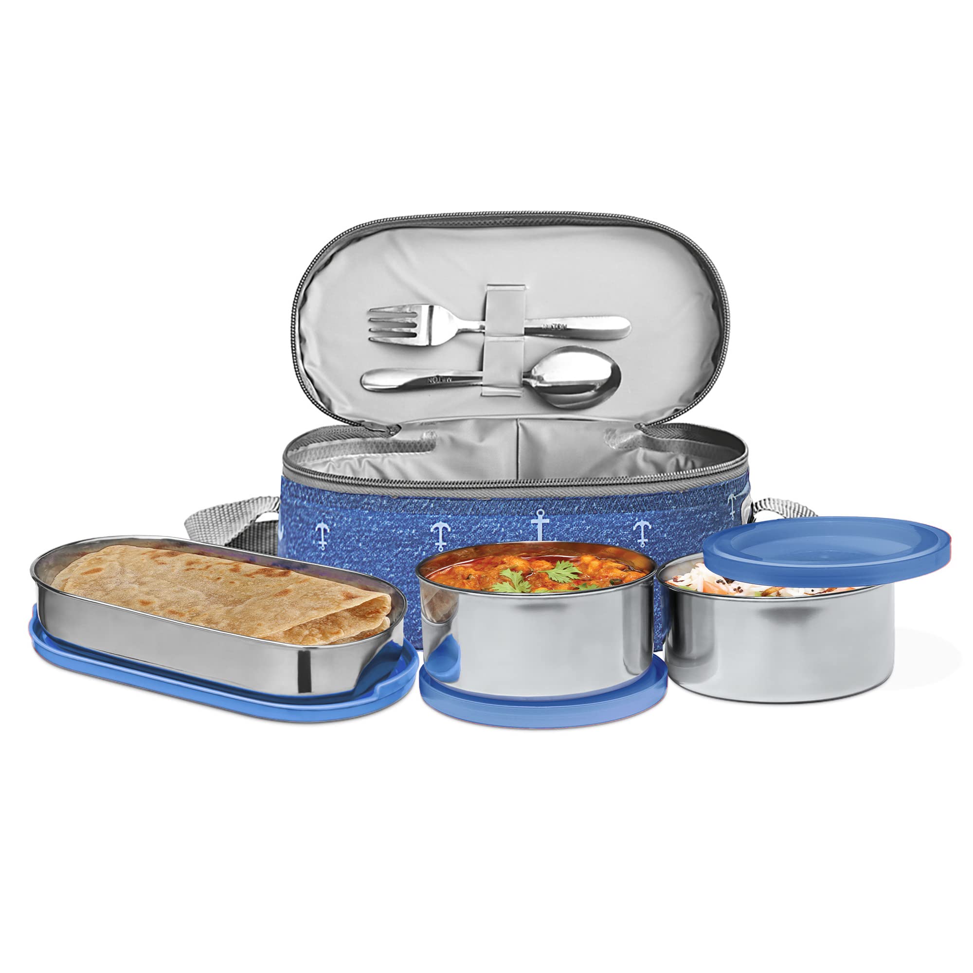 MILTON 6-Piece Lunch Box Set with Insulated Bag & Cutlery - Includes Containers (472ml, 2pcs of 280ml), Keeps Food Hot, 304 Stainless Steel, Ideal for Office & School Tiffin - Corporate - Blue