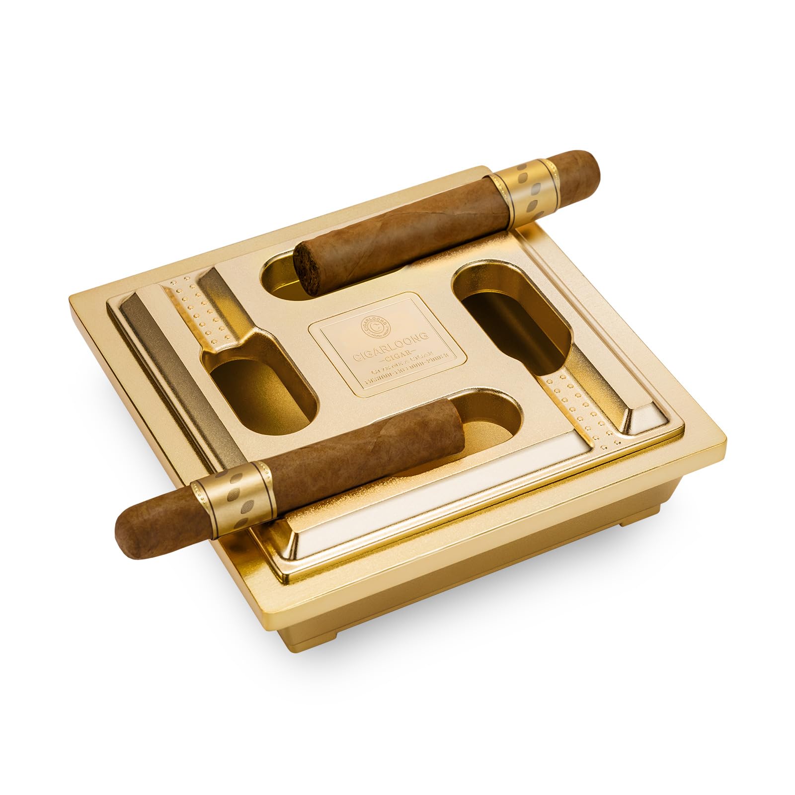 CIGARLOONG Cigar Ashtray for Outside Patio, Large Cigarette Ashtrays With Lid, Cigar Accessorie Indoor Home Decor/Office/Car, Ash Tray With 4 Rest Holder Ashtrays Gifts for Men (Gold)
