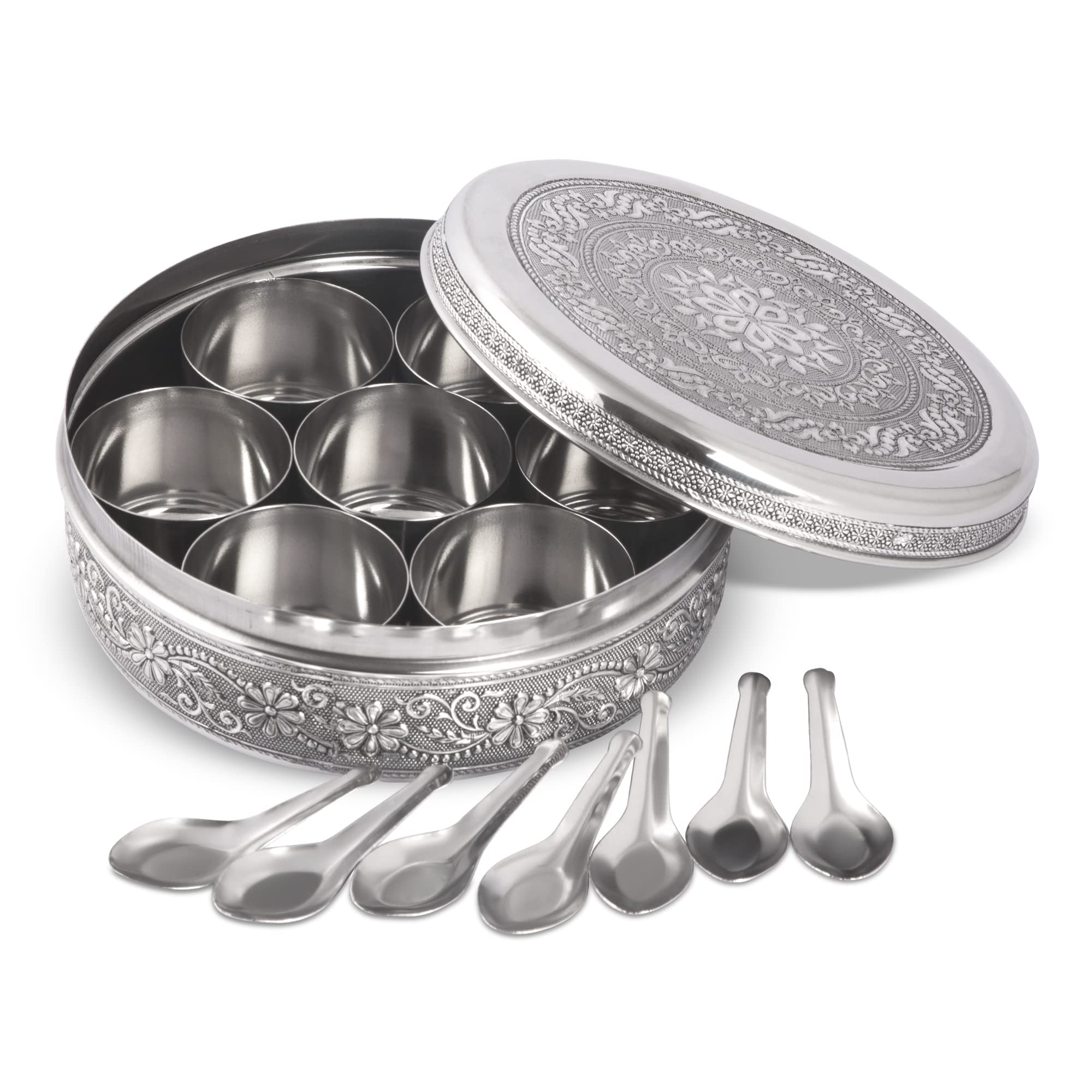 Designer Spice Container Masala Dabba With 7 Compartments, Stainless Steel Indian Masala Dabba with Transparent Lid, 8 Inch