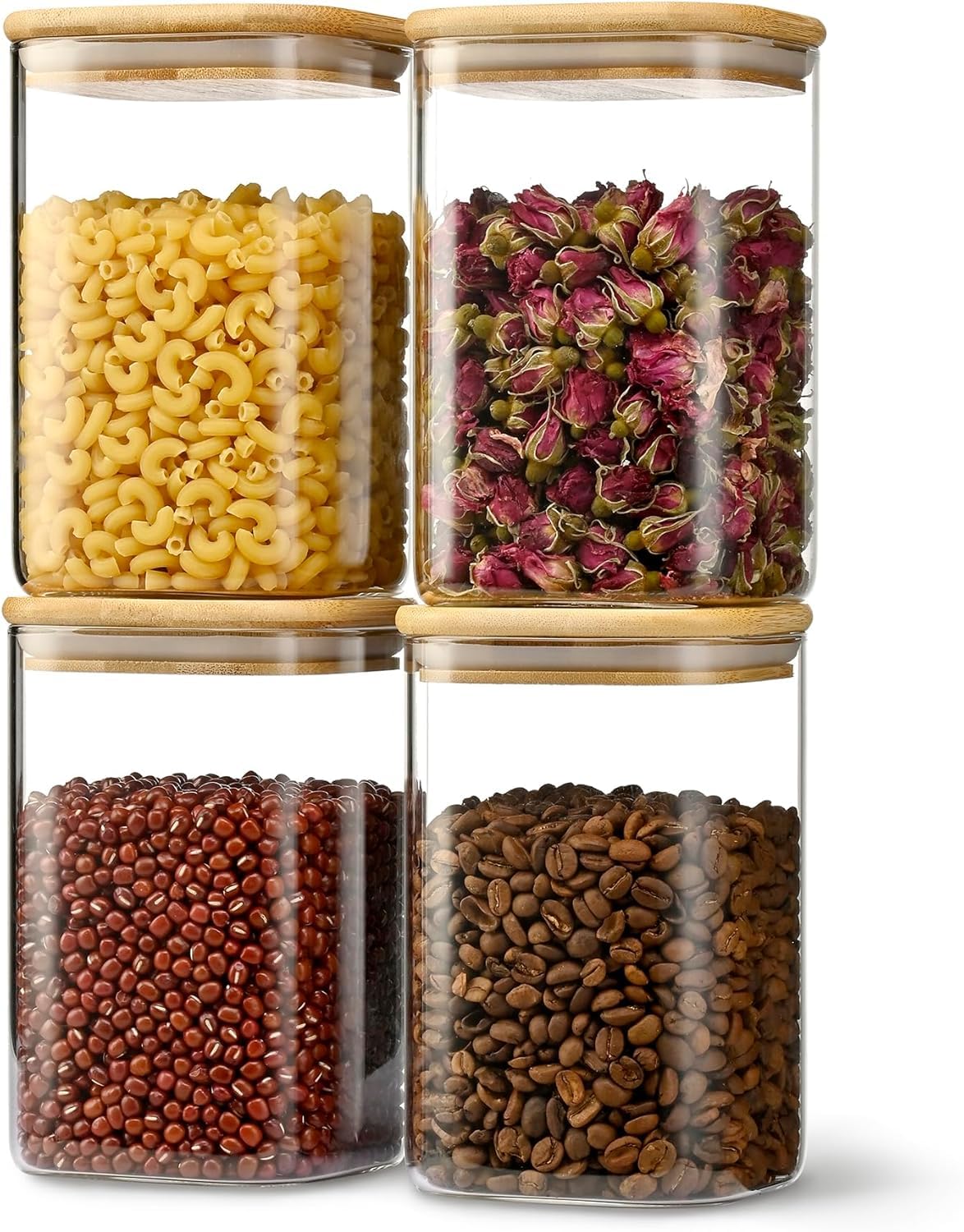 PREMIFY 4-Pack Airtight Glass Jars with Bamboo Lids 37oz – Stackable Mason Jars Food Storage Containers for Coffee, Sugar, Tea, Nuts, Spices, Snacks & Kitchen Pantry Organization