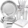 Tazweeq Silver Party Supplies Silver Plates Disposable Dinnerware Set, 120pcs Party Plates Silver Paper Plates, Napkins, for Anniversary Graduation Holiday Disco Birthday Party Decorations, Serves 20