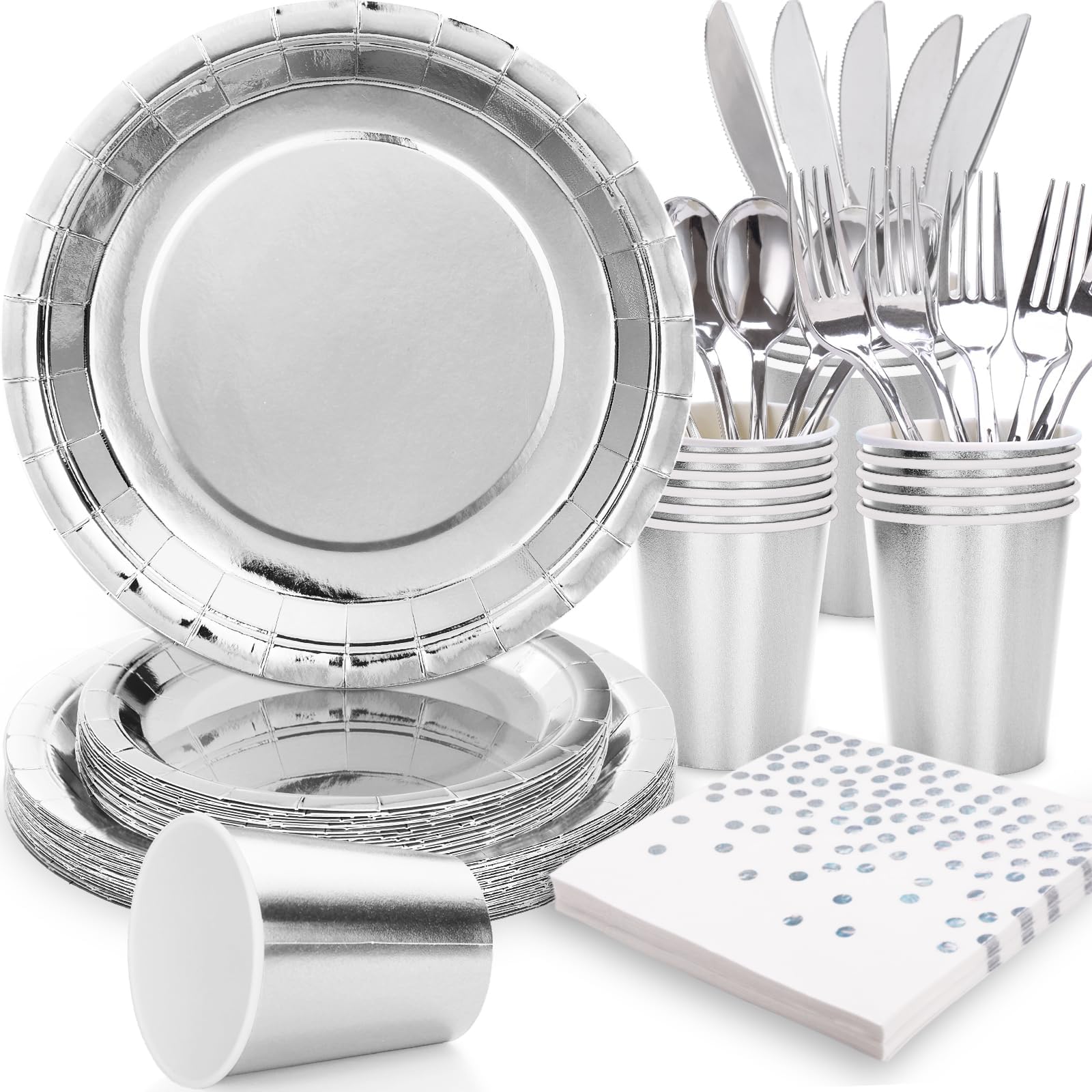 Tazweeq Silver Party Supplies Silver Plates Disposable Dinnerware Set, 120pcs Party Plates Silver Paper Plates, Napkins, for Anniversary Graduation Holiday Disco Birthday Party Decorations, Serves 20
