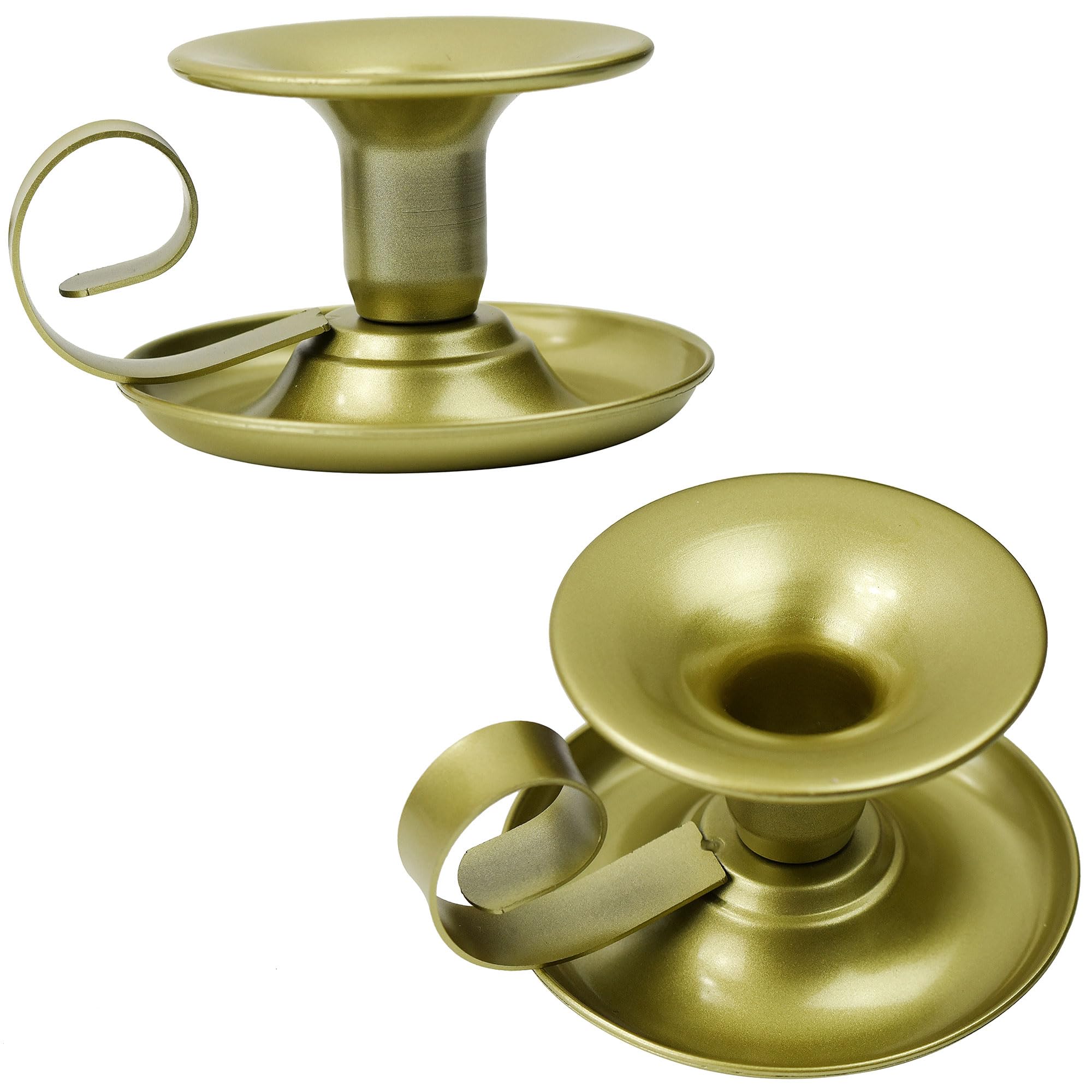 FiveSeasonStuff 2 Set Gold Plated Iron Saucer Vintage Candle Holders with Handle for Taper Wax Candlesticks