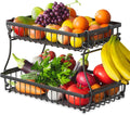 2 Tier Fruit Basket for Kitchen with 2 Banana Hangers, Detachable Metal Fruit Bowl for Kitchen Counter for Fruit and Vegetable Storage, Large Capacity Tiered Fruit Tray