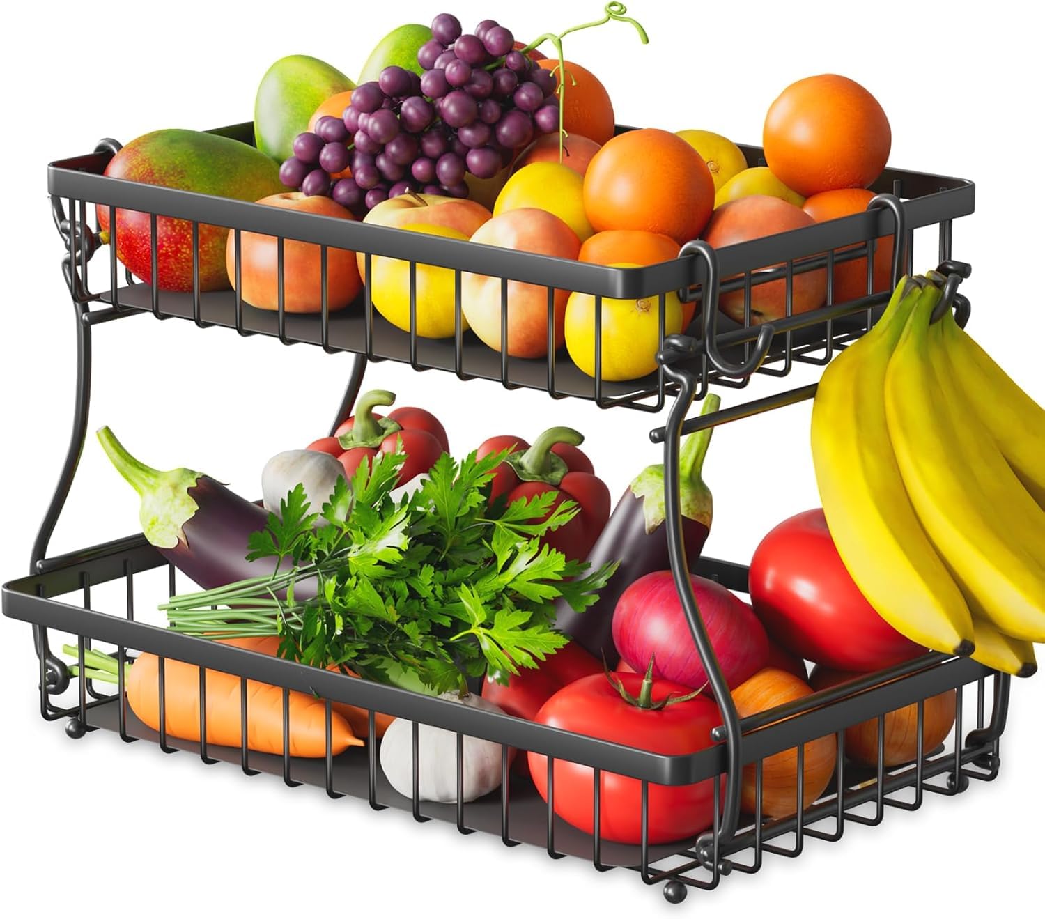 2 Tier Fruit Basket for Kitchen with 2 Banana Hangers, Detachable Metal Fruit Bowl for Kitchen Counter for Fruit and Vegetable Storage, Large Capacity Tiered Fruit Tray