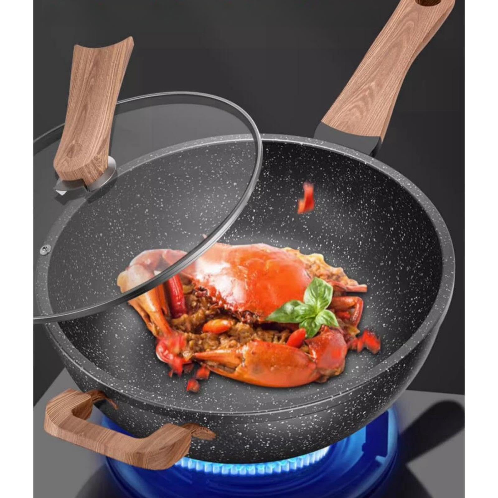 Nonstick Volcanic rock alloy integration Deep Frying Pan, Easy Cook & Clean 32cm Saute Pan with Lid, Vertical handle, Chef Pan Healthy Stone Cookware Cooking Pan, Induction, PFOA Free,