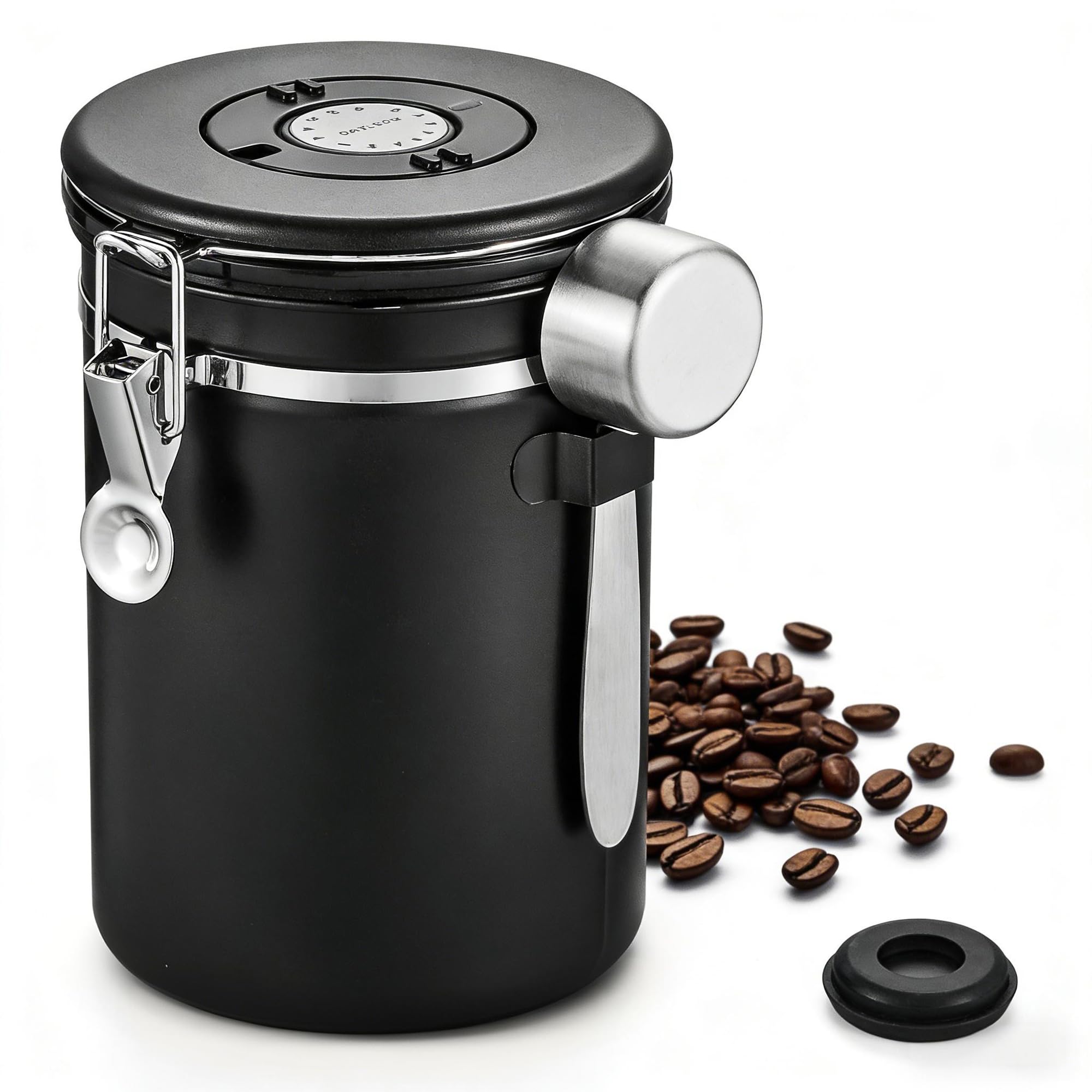 Coffee Canister With Airtight Lid, Stainless Steel Bean Storage Container Date Tracker And Scoop, Kitchen Food For Grounds Coffee, Beans, Tea, Flour, Cereal, Sugar, 22Oz, Black