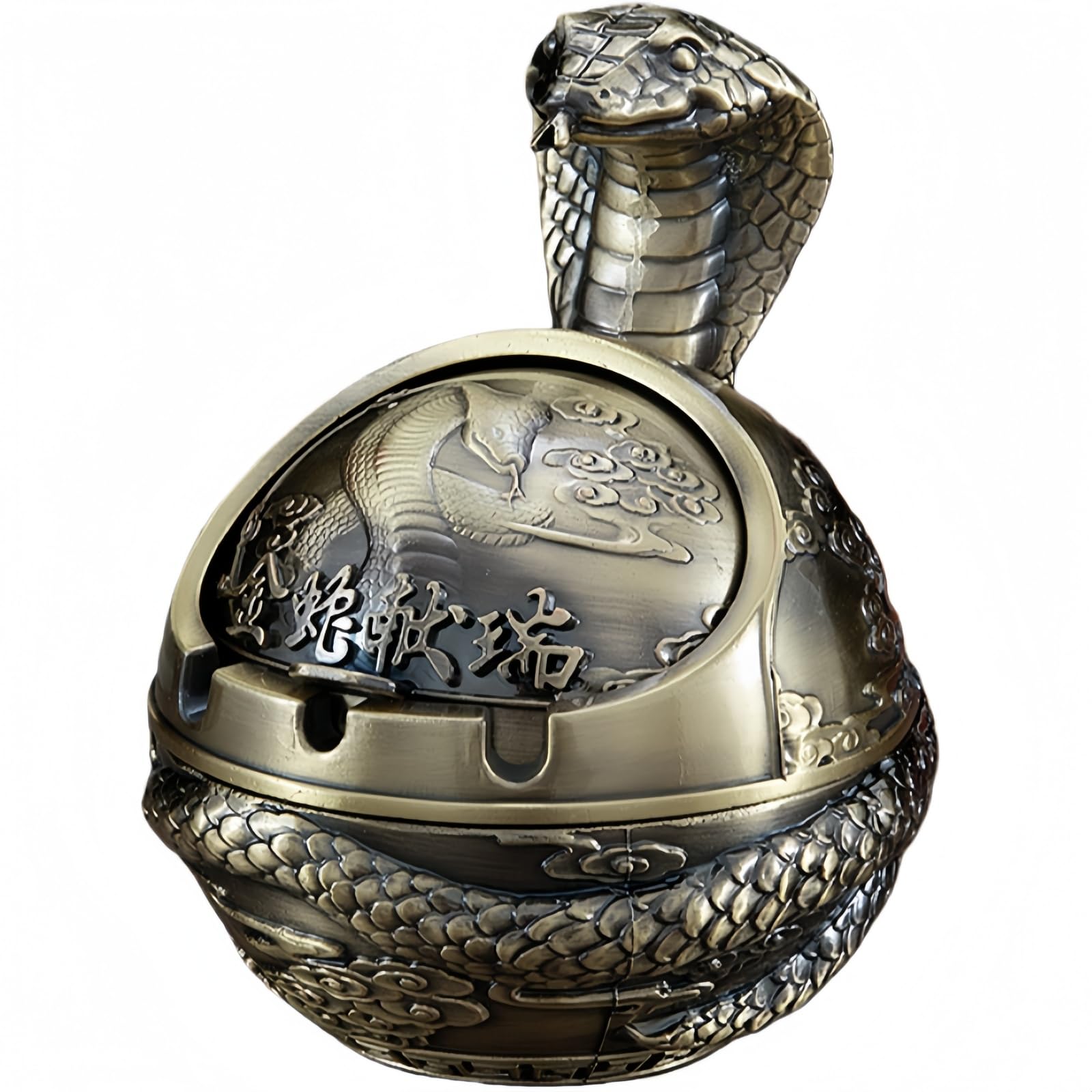 Metal Ashtray - 12 Designs to Choose From (Chinese Zodiac) - Windproof Ashtray with Antique Lid Decor for Living Room, Office & Gift (Snake)