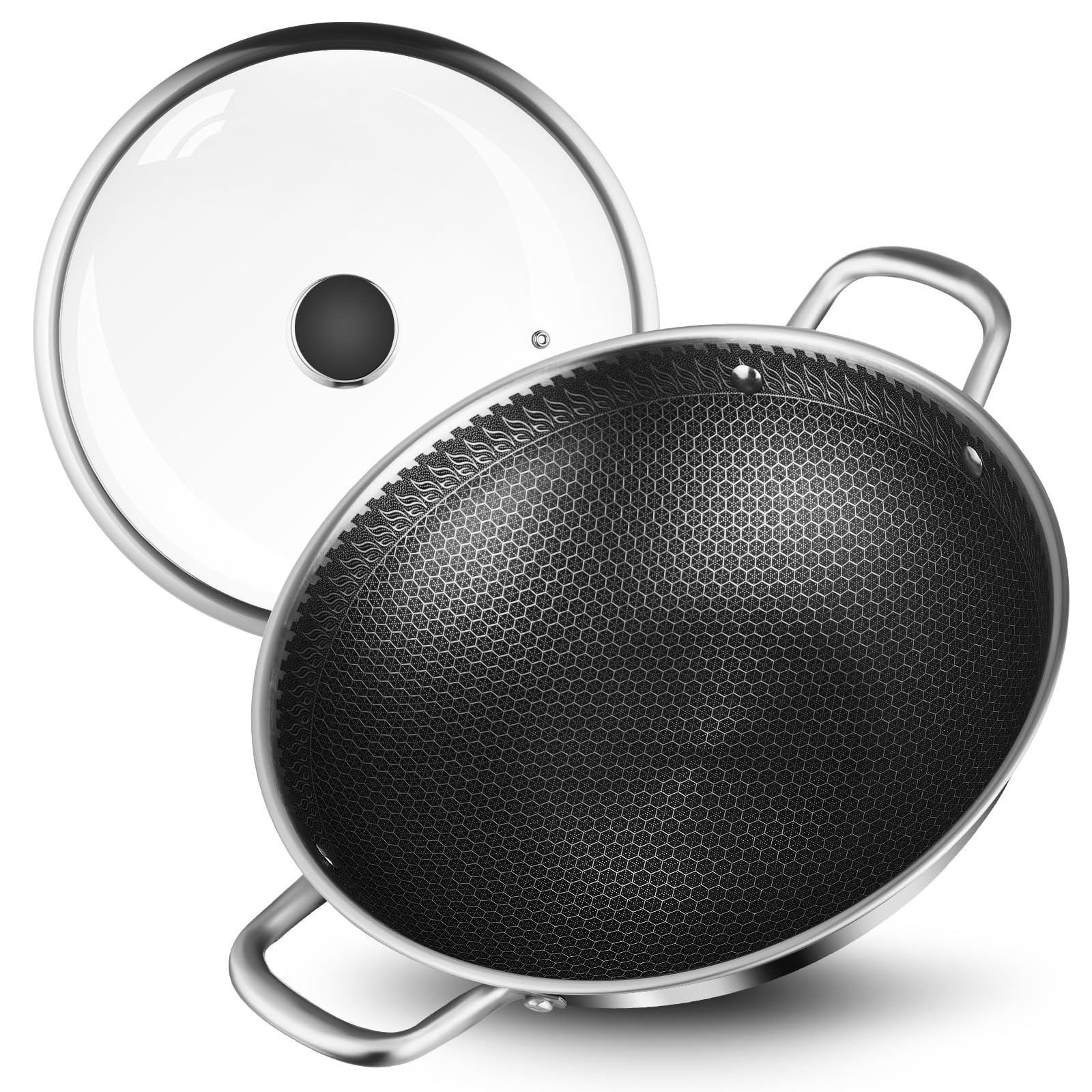Stainless Steel Wok pan, 32CM Hybrid Woks & Stir-fry Pans, Nonstick Cookware with Lid, Deep Frying Pan, Large Kadai Skillet, Saute Pan, Cooking Pot Compatible with All Cooktops, Dishwasher Safe