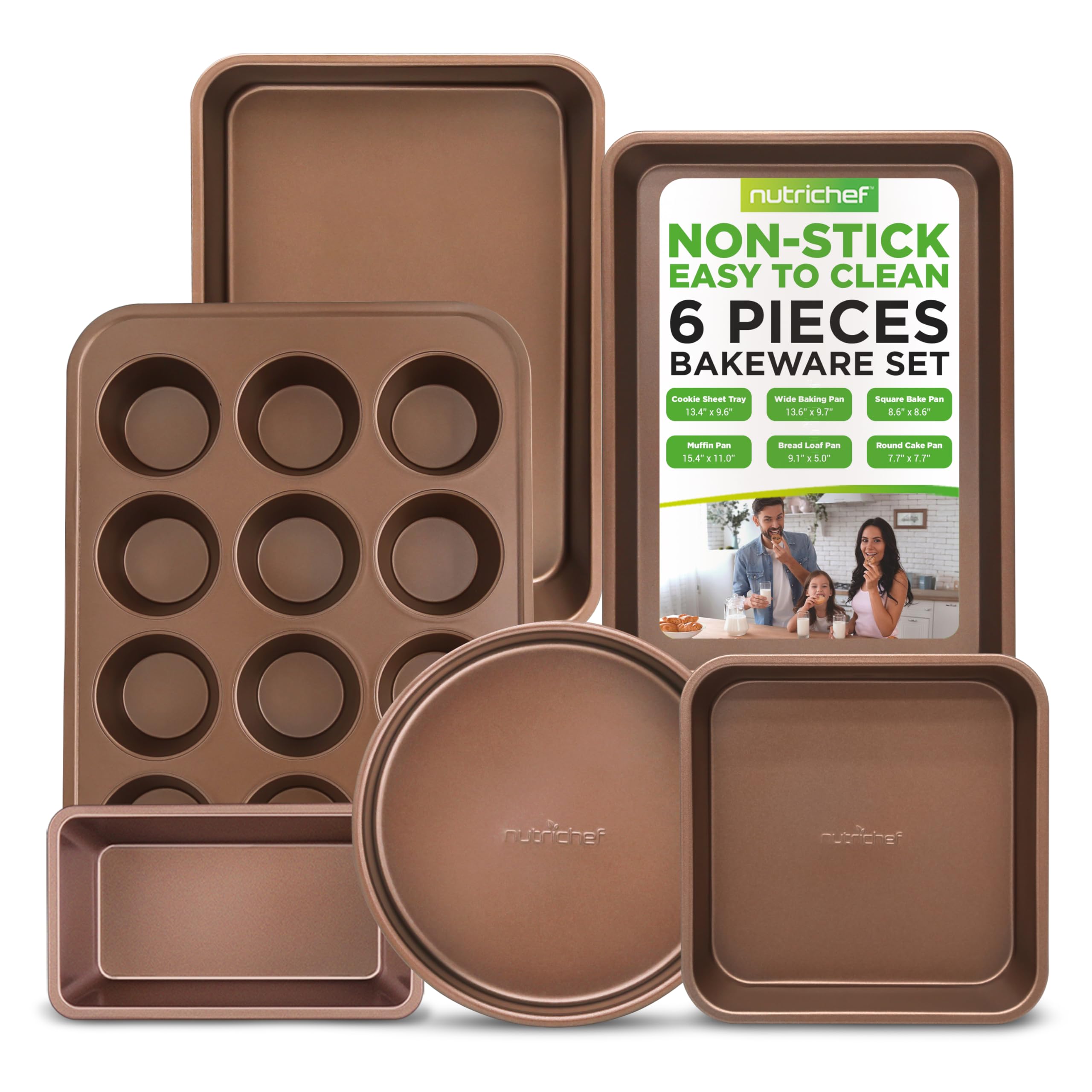 NutriChef 6-Pcs Nonstick Bakeware Set-Highest-Quality Baking Sheets, Non-Grease Cookie Trays, Wide & Square Bake Pan, Bread Loaf & Round Cake Pan, Designed Not To Wrap or Bend Out Of Shape -