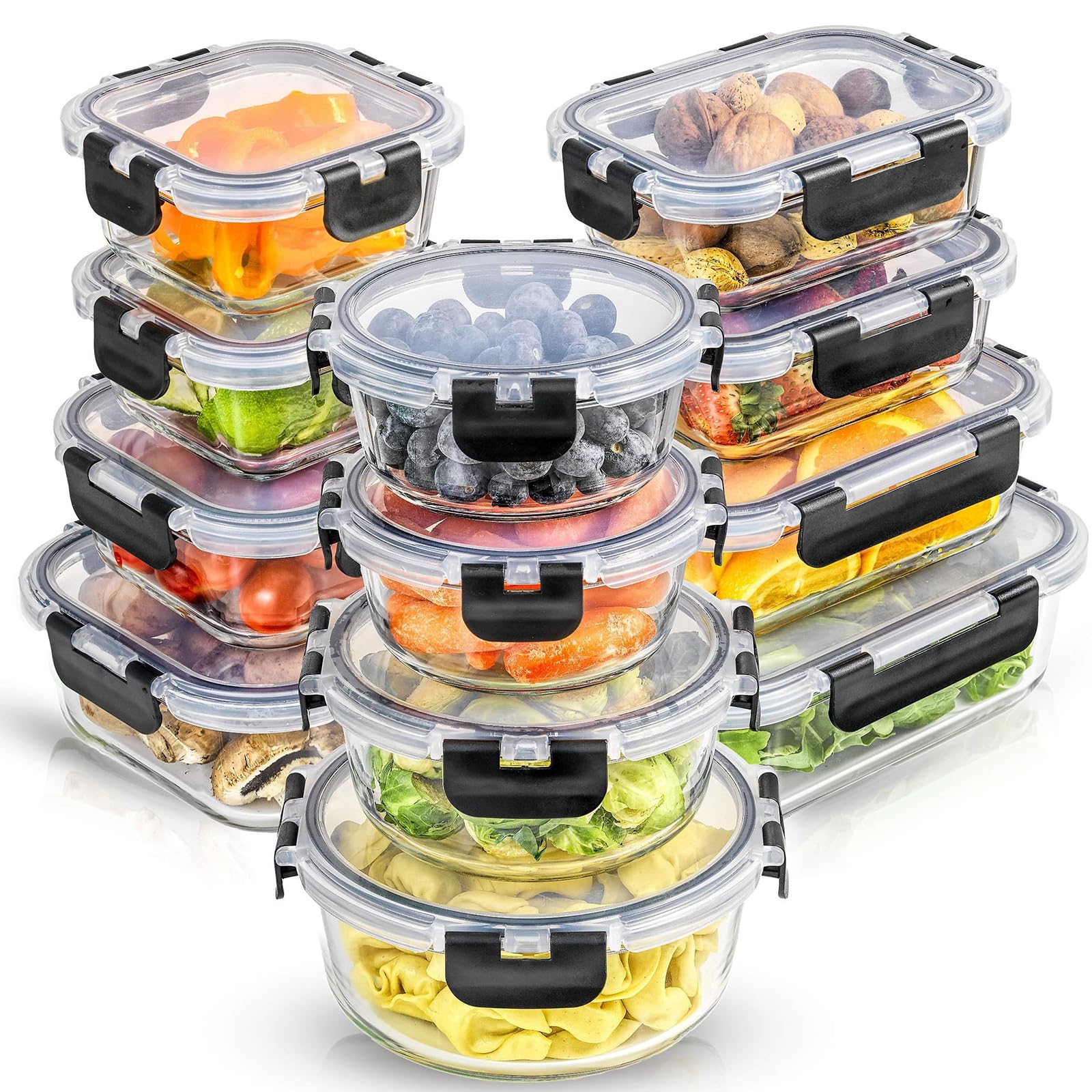 Jaffiust 24pc(12 Airtight, Freezer Safe Food Storage Containers and 12 Lids), Pantry Kitchen Storage Containers, Glass Meal Prep Container for Lunch, Glass Storage Containers with Lids