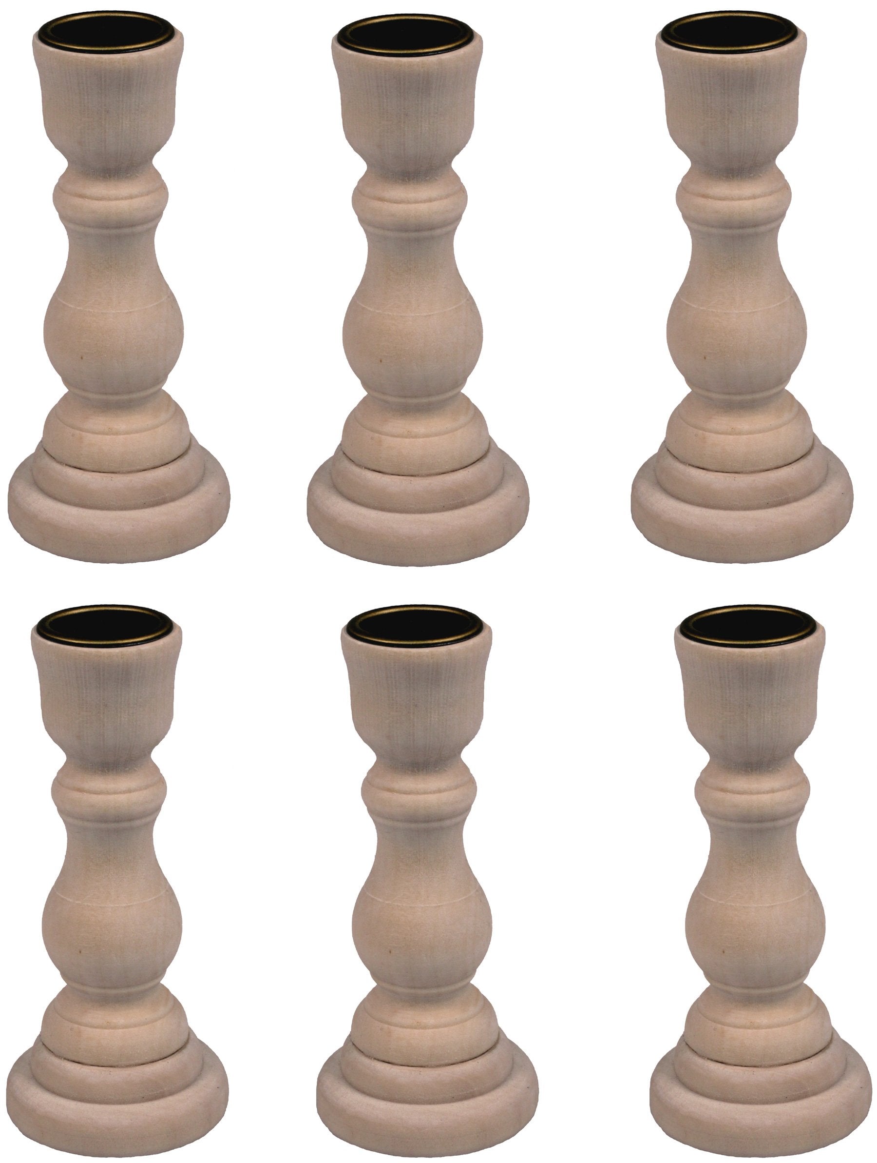 Creative Hobbies 4 Inch Tall Unfinished Wooden Candlesticks with Metal Candle Holder Cup Center - Wholesale Pack of 6
