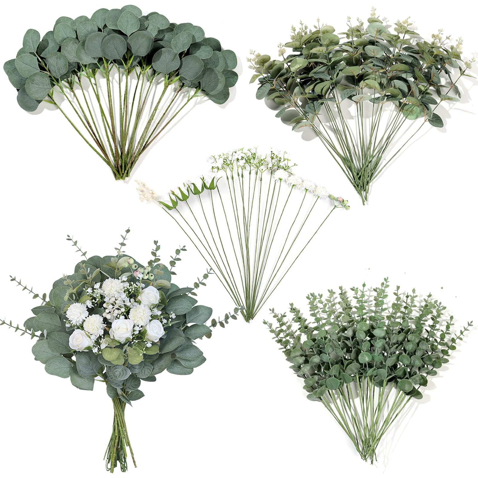 Mixed Artificial Eucalyptus Stems and Faux Flowers, Fake Silver Dollar Eucalyptus Leaves Stems, Bulk Real Touch Leaf Branches, for DIY Bouquets Floral Arrangement Wedding Home Decor, Green