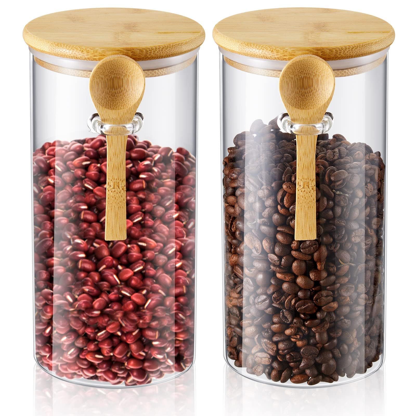 Glass Spice Beans Jars with Bamboo Lid and Spoons, 47oz Airtight Food Storage Containers, Kitchen Pantry Canister Set for Coffee Bean, Sugar, Dry Goods,Tea (2 Set)