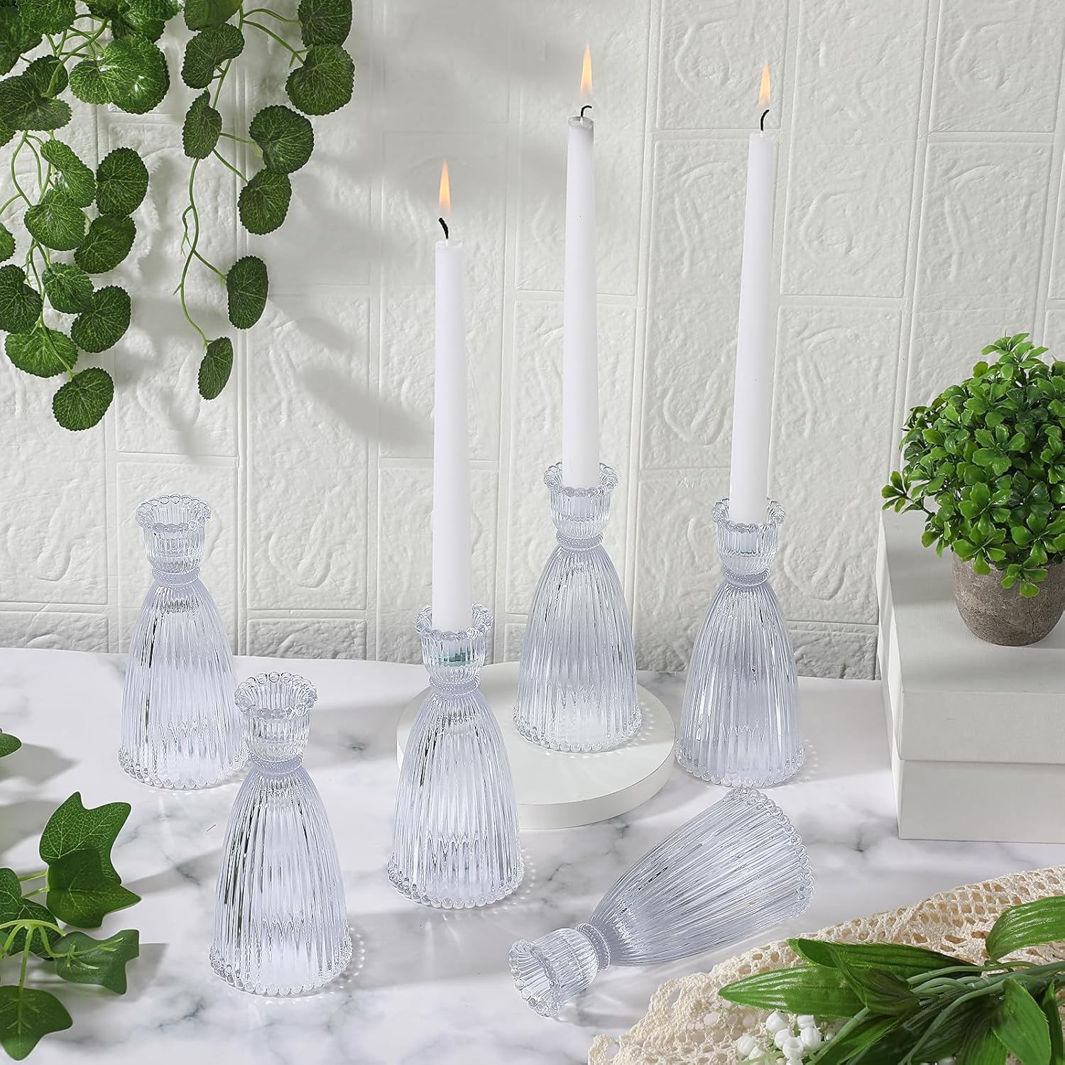 TERRIFI 6 Pcs Taper Candle Holders Set, Tall Clear Glass Crystal Candlestick Holders, Ideal for Home Decoration and Wedding Table Centerpieces
