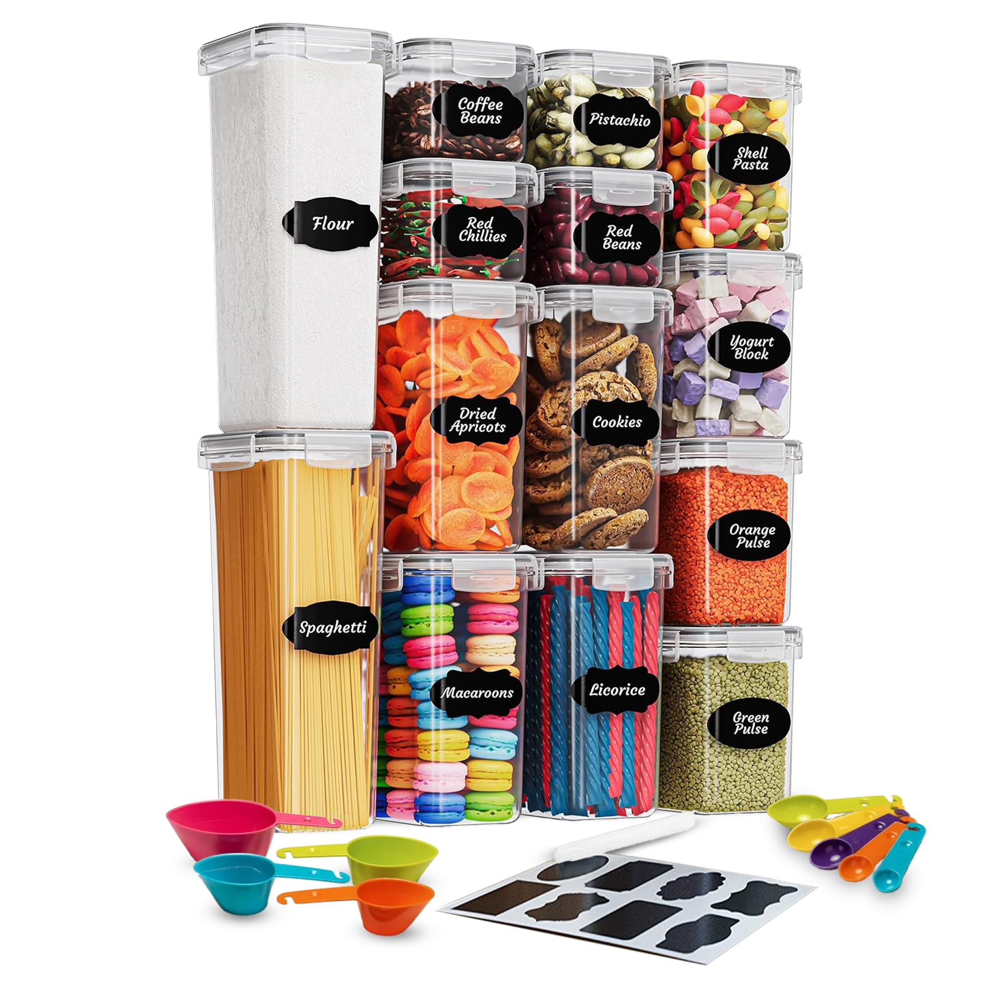 14-Pc Airtight Food Storage Containers Set – BPA-Free Plastic Pantry Canisters for Rice, Cereal, Flour, Sugar, Pasta – Stackable Kitchen Organizers with Labels, Marker, Measuring Cups & Spoons