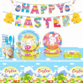82 Pcs Easter Tableware Set with Bunny Dinner & Dessert Plates, Napkins, Cups, Forks?Banner and Tablecloth Happy Easter Party Supplies for Spring Eater Party Decorations