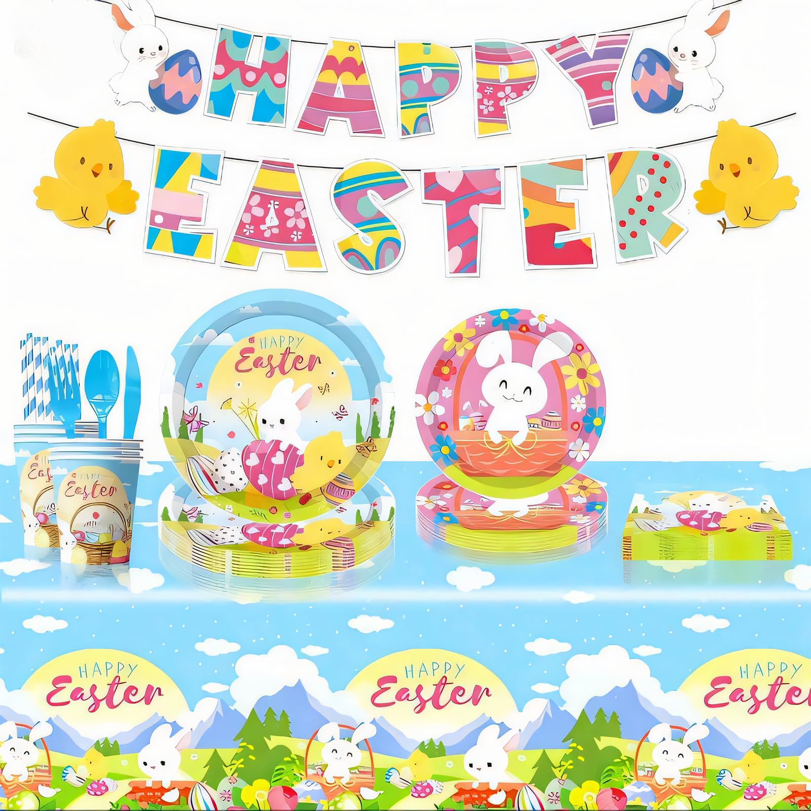 82 Pcs Easter Tableware Set with Bunny Dinner & Dessert Plates, Napkins, Cups, Forks?Banner and Tablecloth Happy Easter Party Supplies for Spring Eater Party Decorations