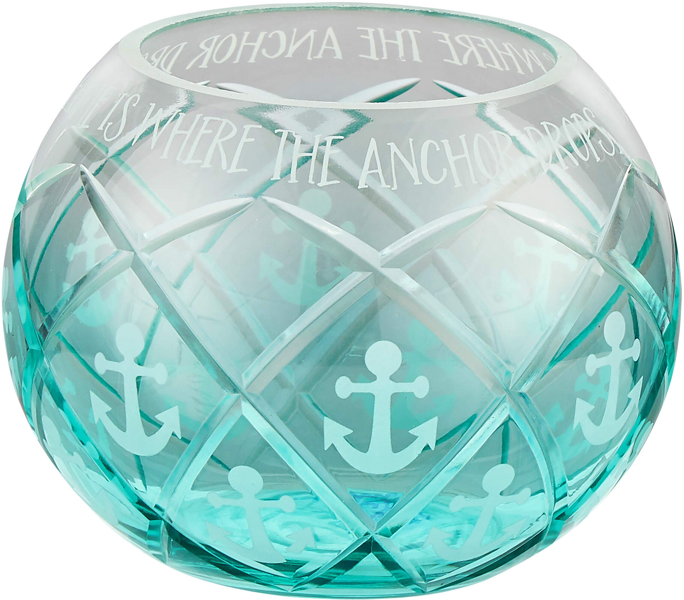 Pavilion Gift Company - Aqua Ombre Diamond Cut Anchor Pattern Beach House 5 Inch Round Tealight Candle Holder - Home Is Where The Anchor Drops